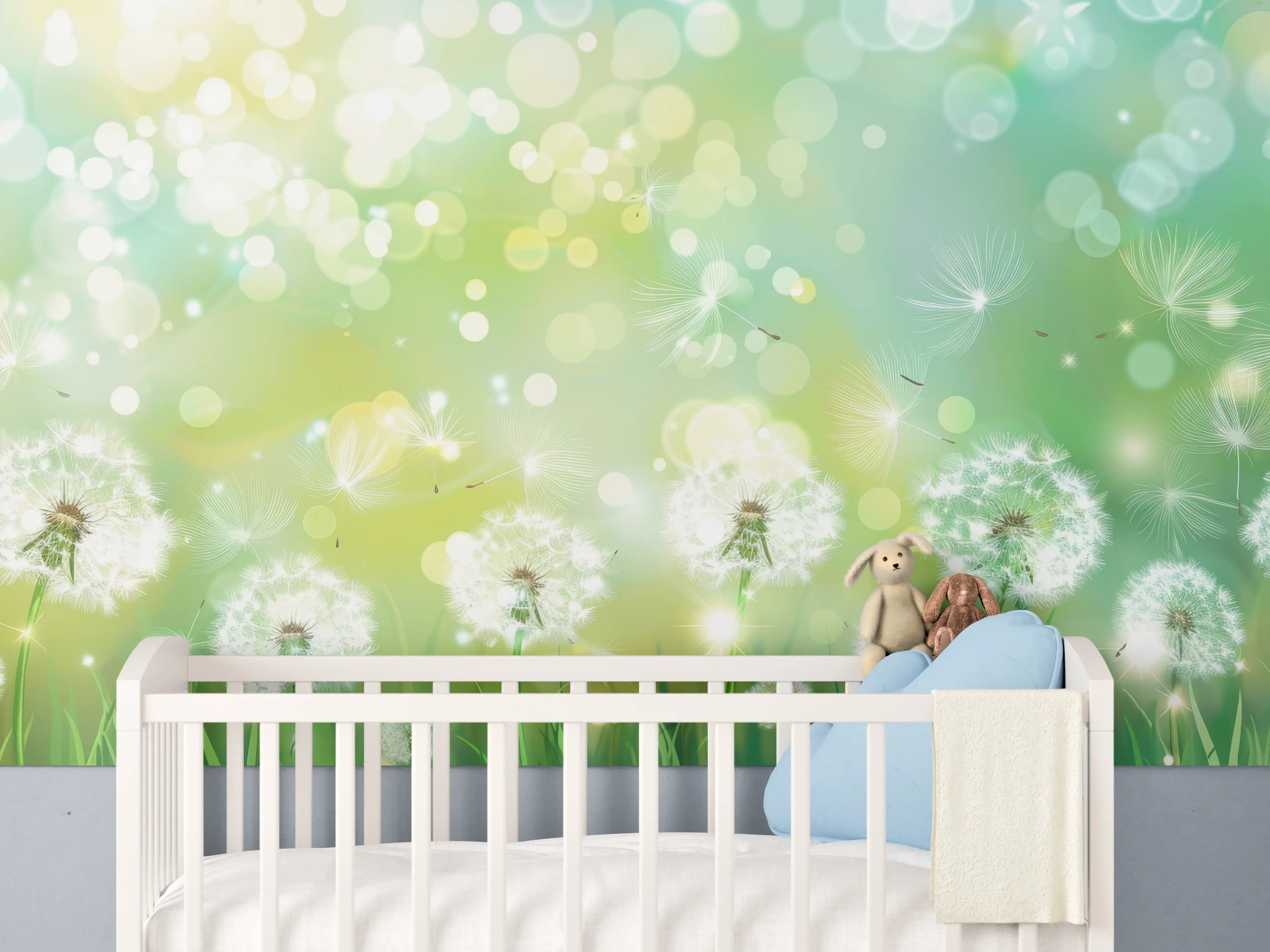 Babyzimmer Wandgestaltung - Pusteblumen im Frühlingsgrün