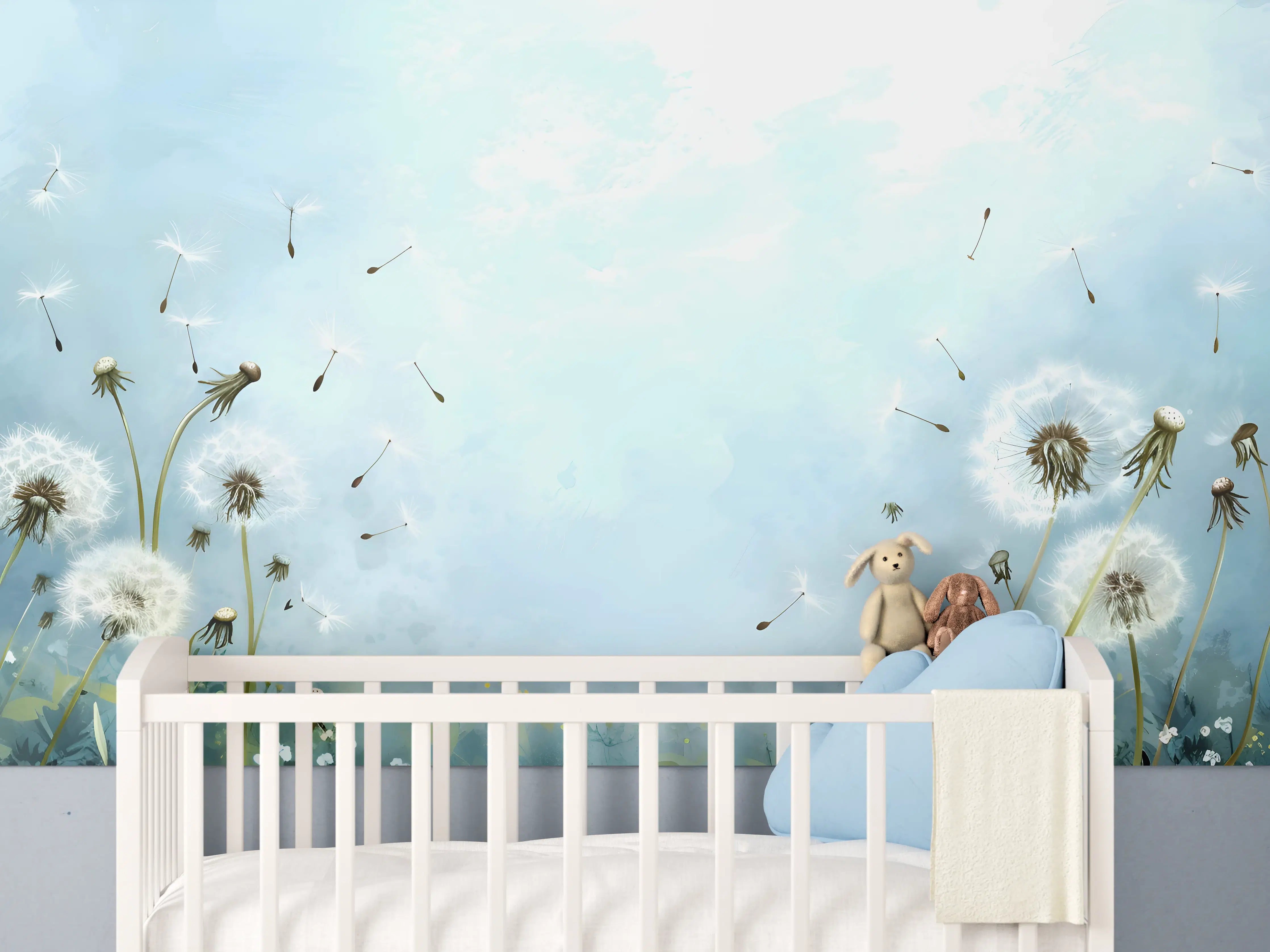 Babyzimmer Wandgestaltung - Pusteblumen im blauen Himmel