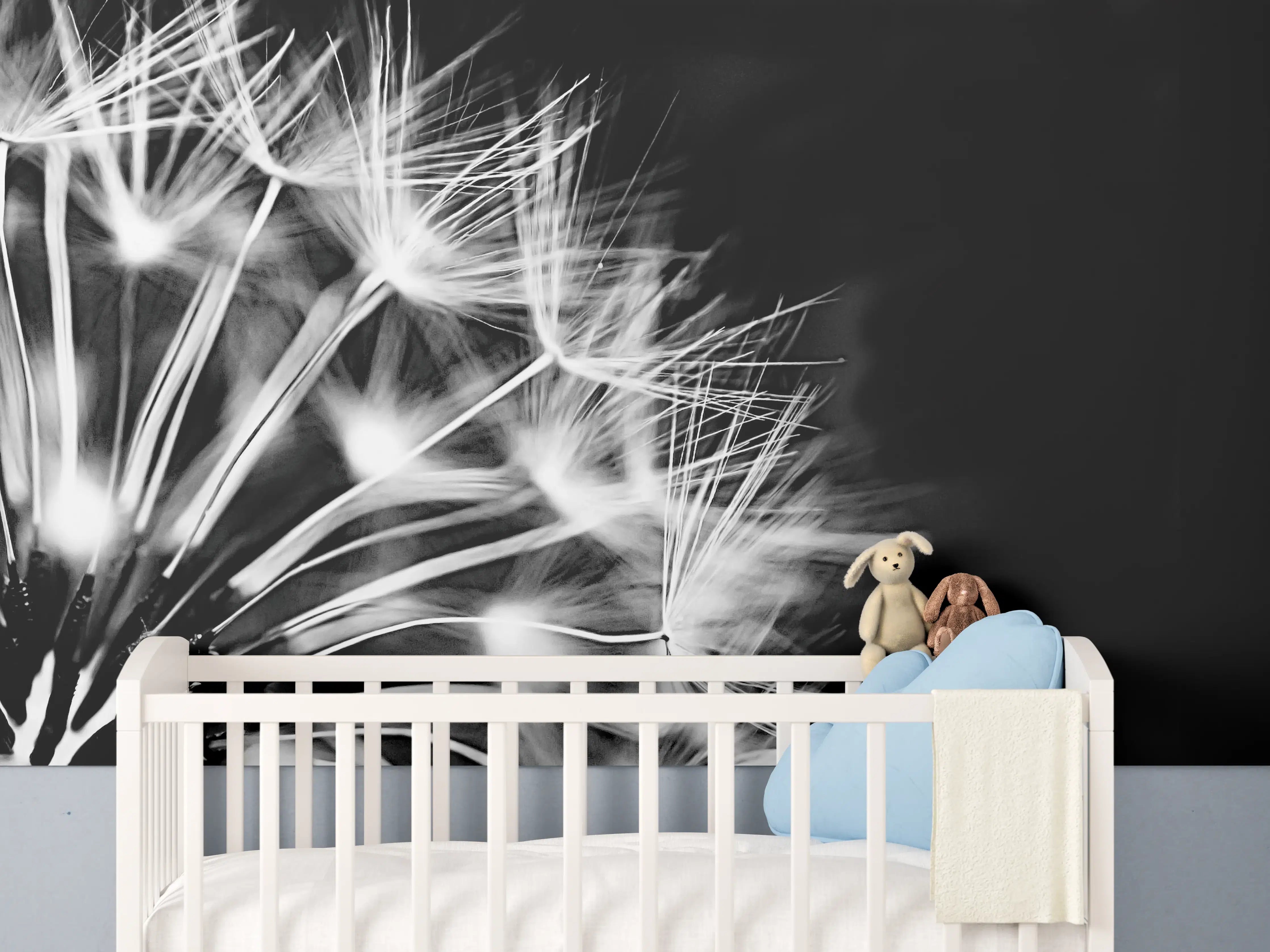 Babyzimmer Wandgestaltung - Pusteblumen schwarz-weiß Hintergrund