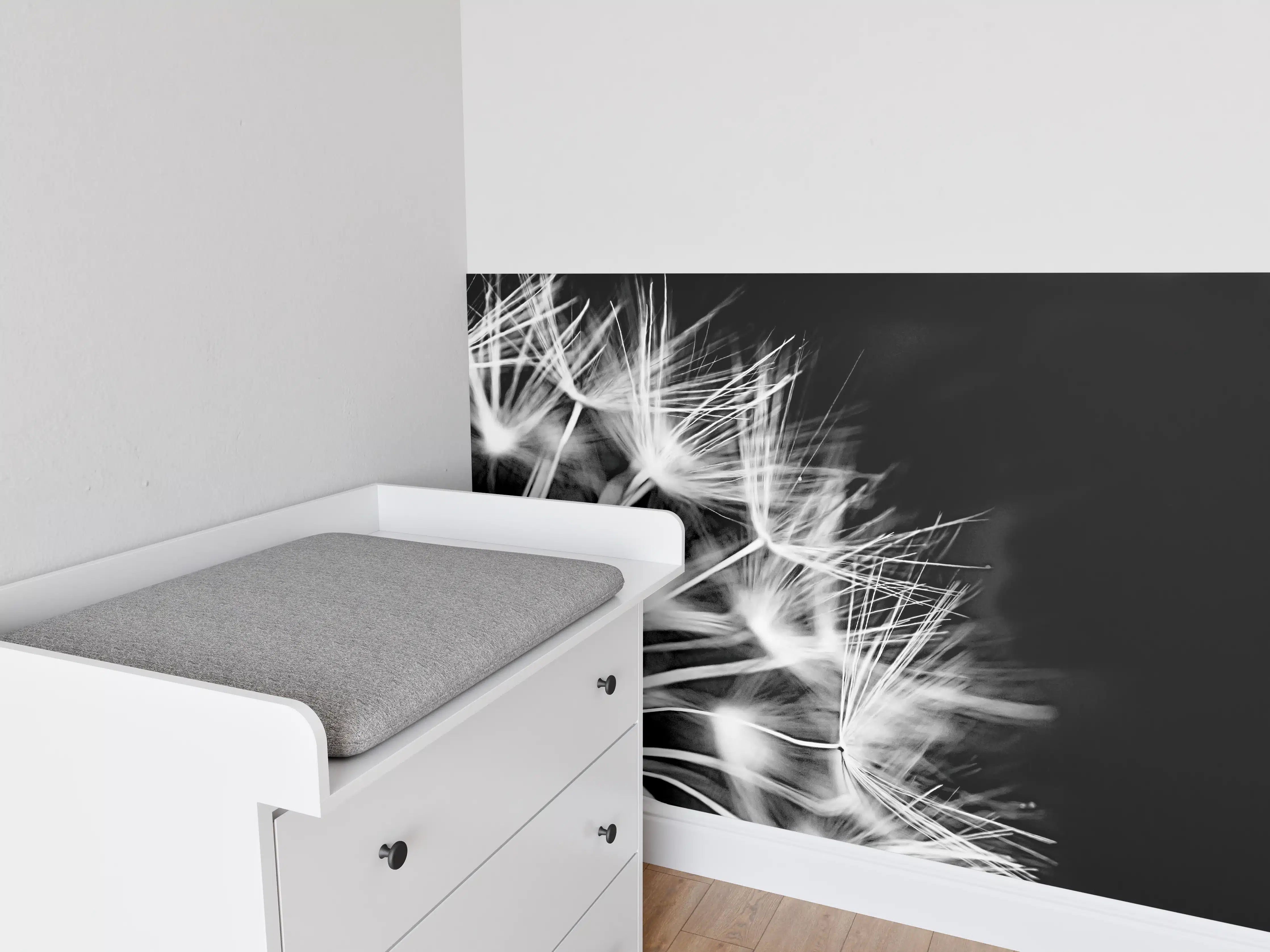 Babyzimmer Wandgestaltung - Pusteblumen schwarz-weiß Hintergrund