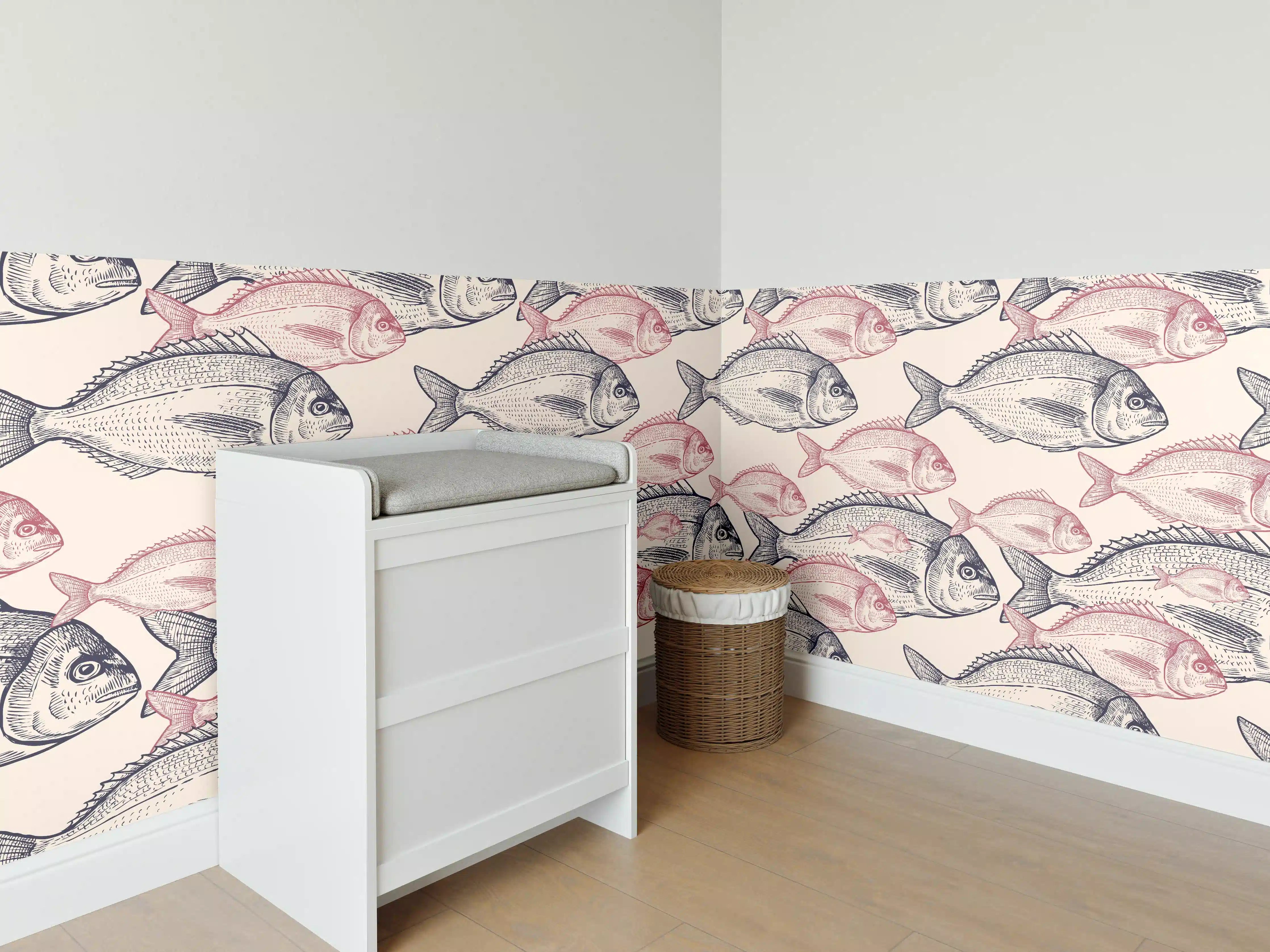 Babyzimmer Wandgestaltung - Realistisches Fischmuster Rosa-Grau