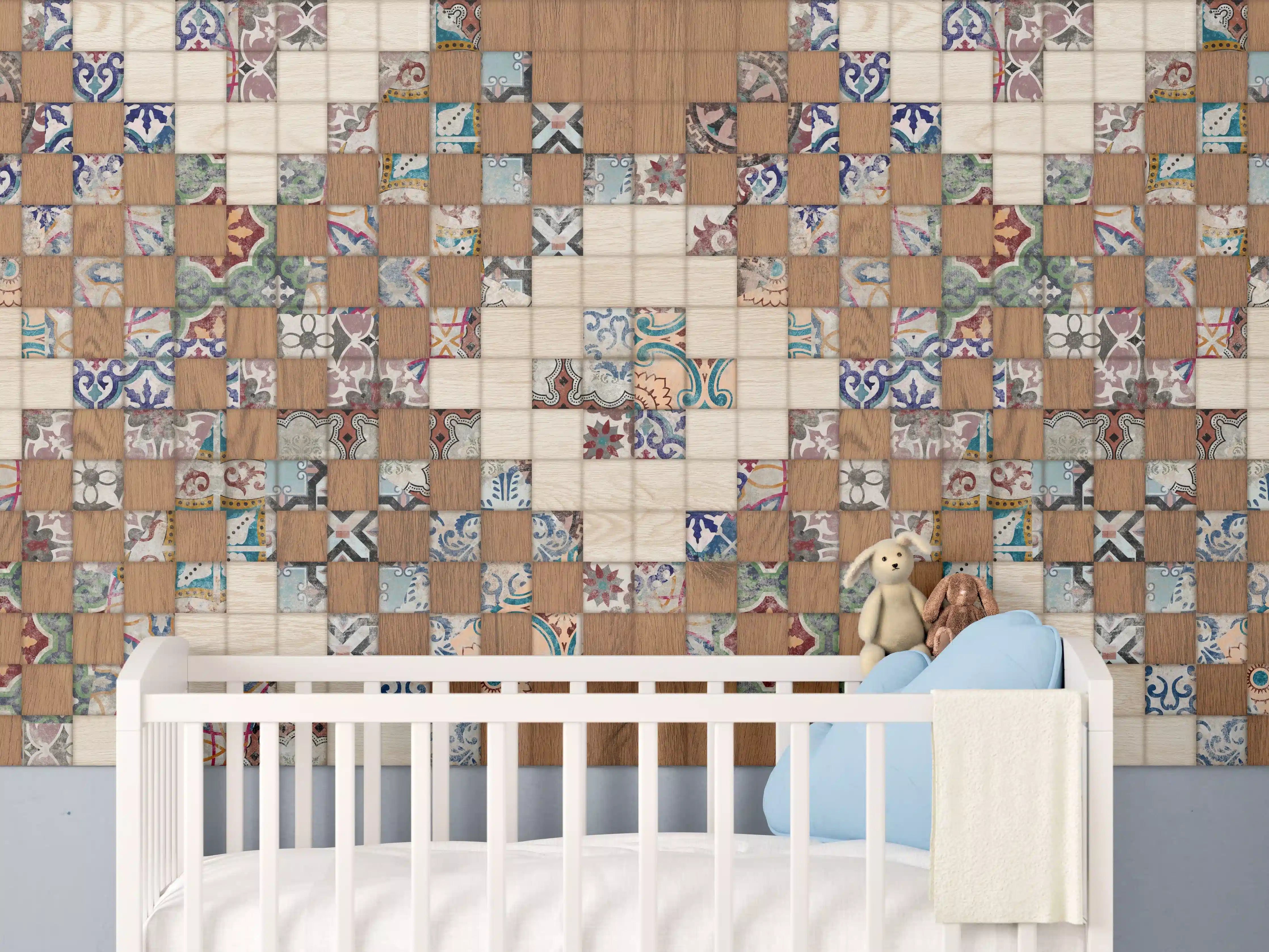 Babyzimmer Wandgestaltung - Retro Mosaik Holztextur