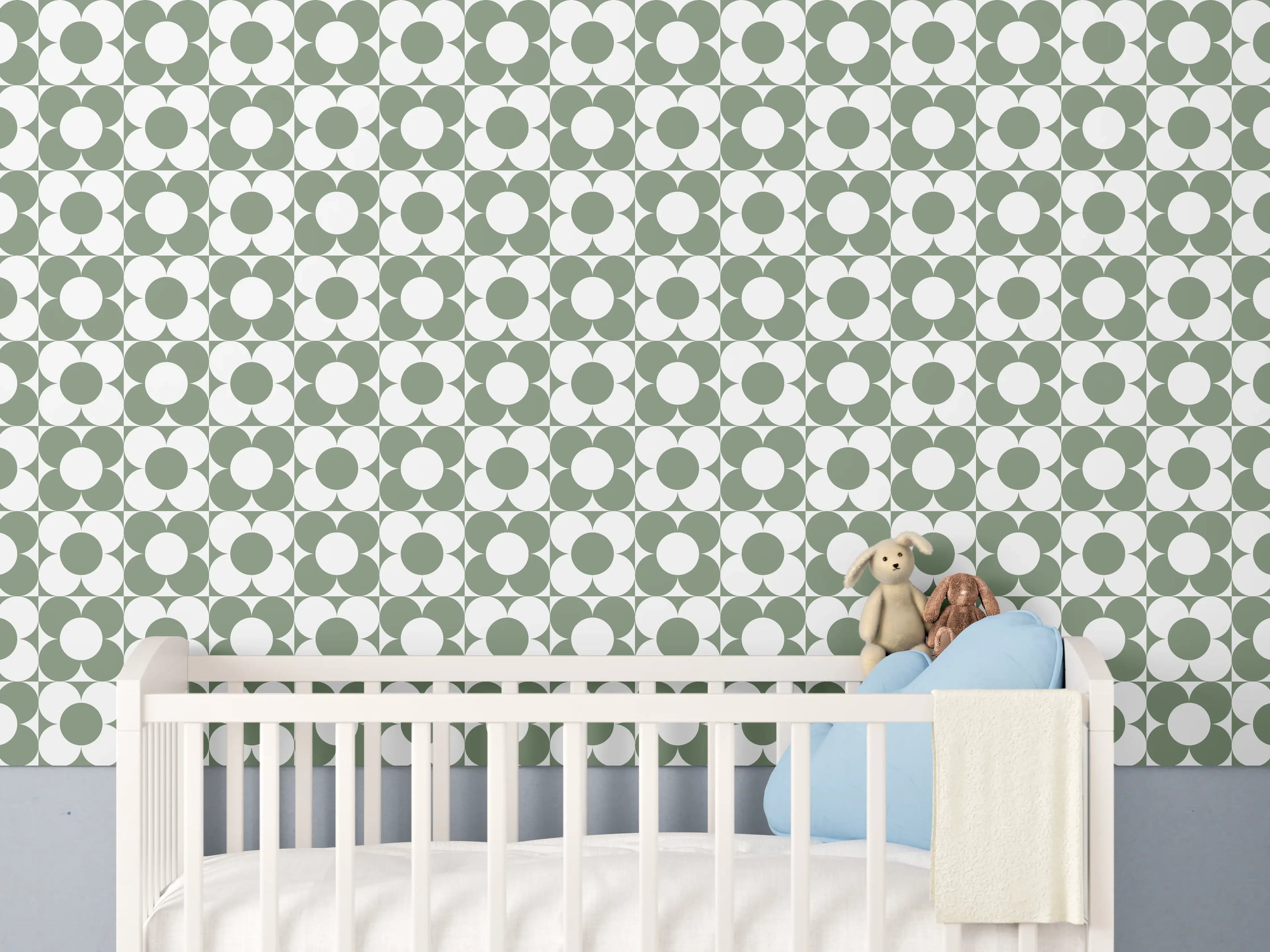 Babyzimmer Wandgestaltung - Retro Primavera Oliva mit subtilen Graunuancen