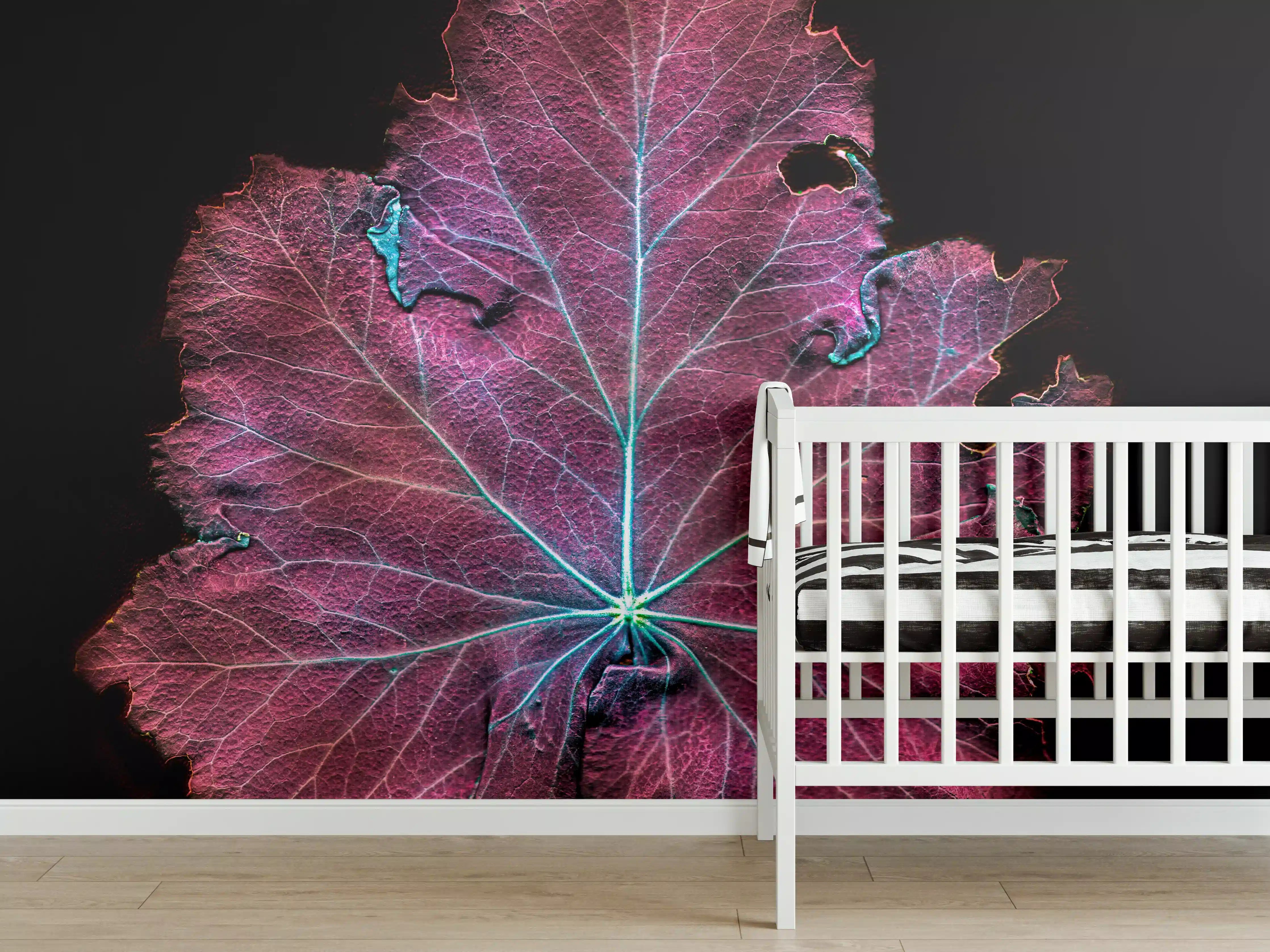Babyzimmer Wandgestaltung - Rötliches Blatt auf schwarzem Hintergrund