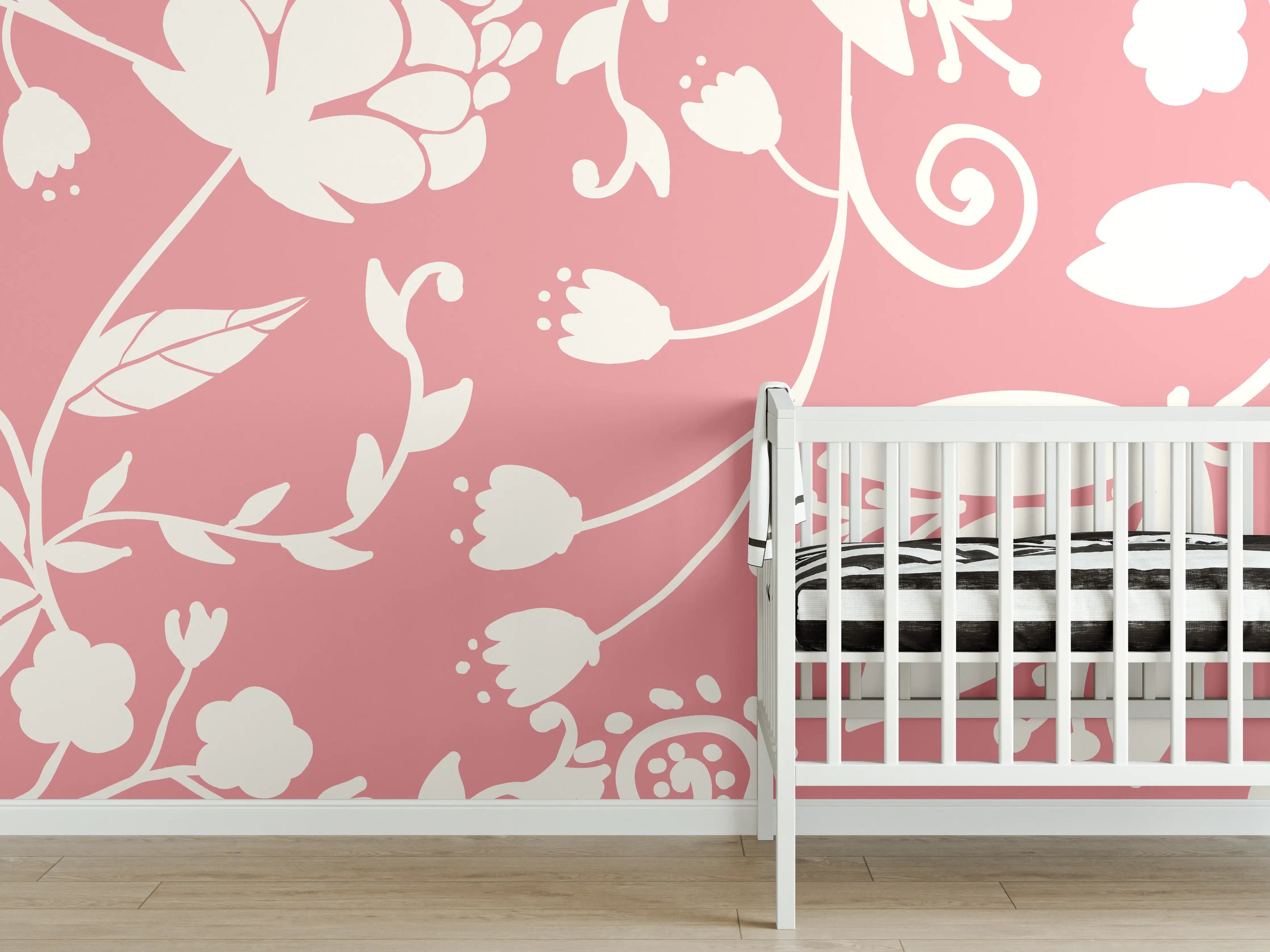 Babyzimmer Wandgestaltung - Rosa Blütenmuster Wanddesign