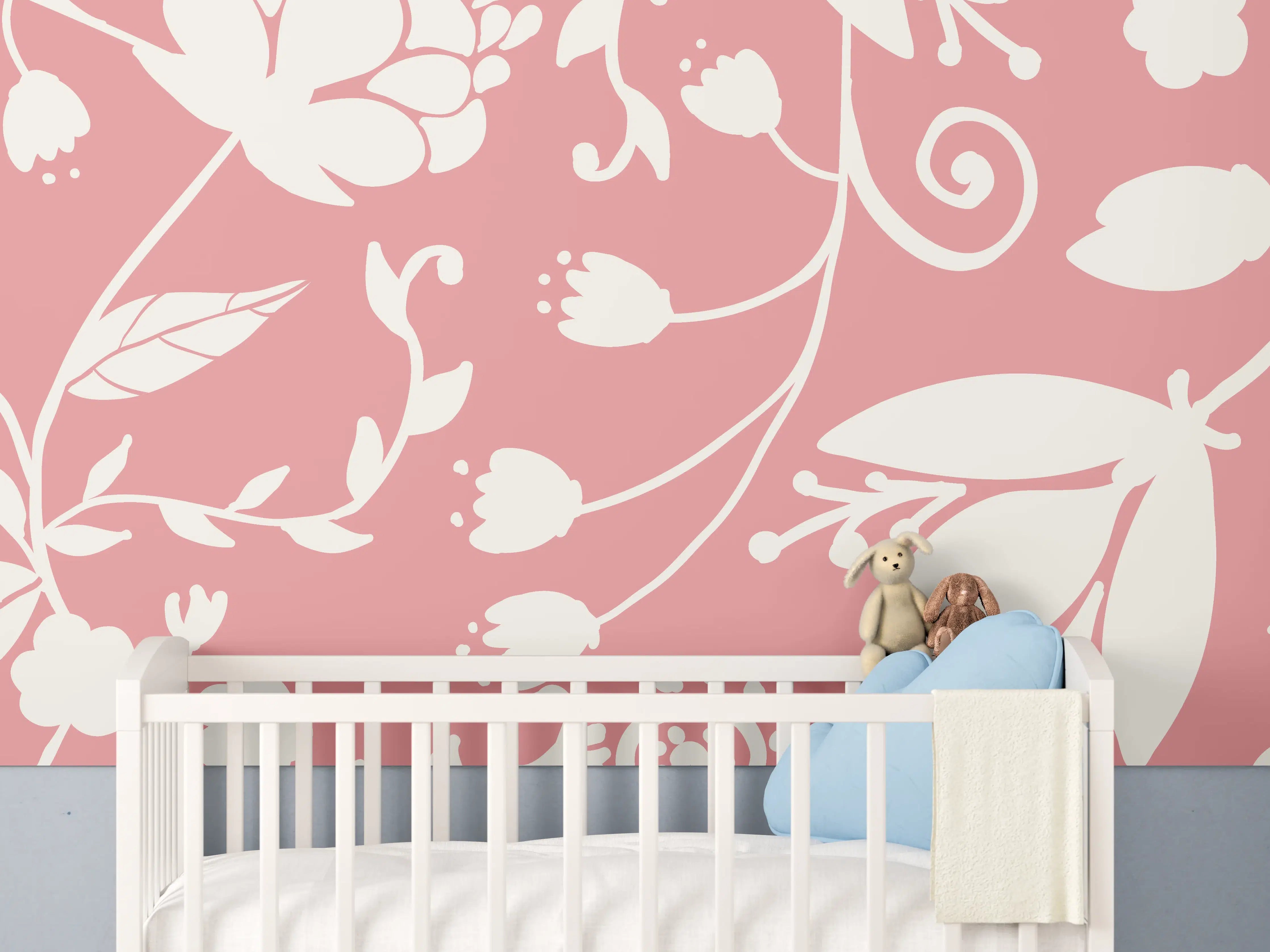 Babyzimmer Wandgestaltung - Rosa Blütenmuster Wanddesign