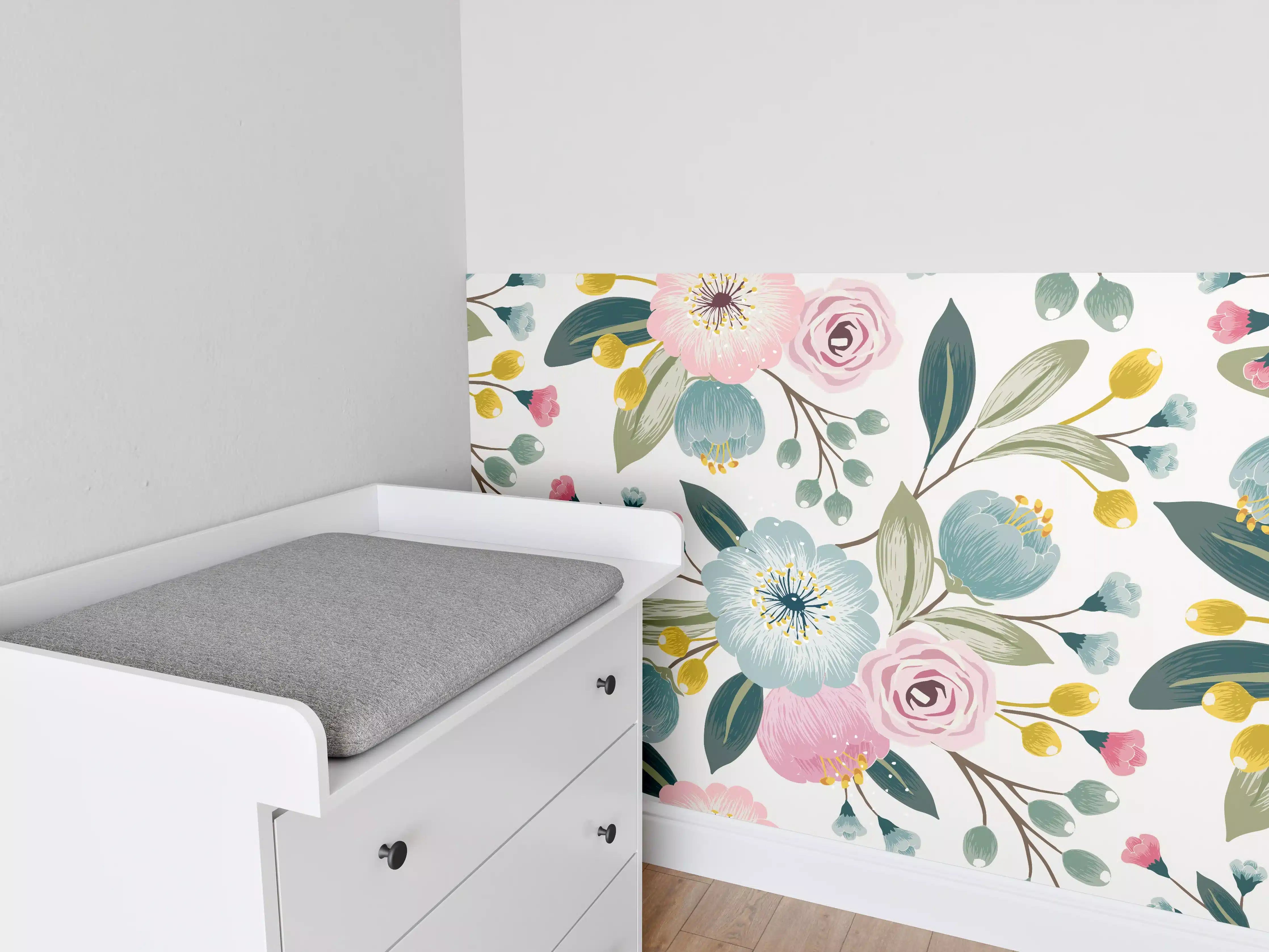Babyzimmer Wandgestaltung - Rosa Blumenmuster Tapete