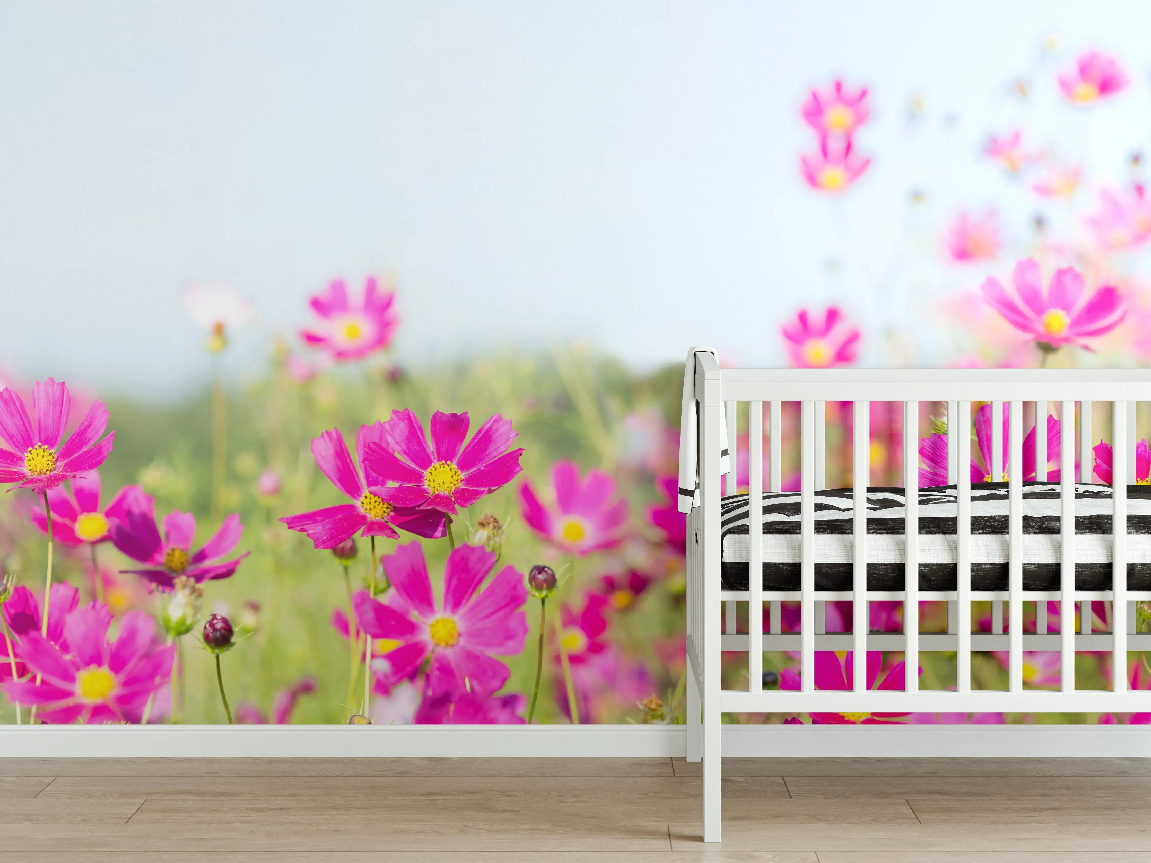 Babyzimmer Wandgestaltung - Rosa Blumenwiese Panorama