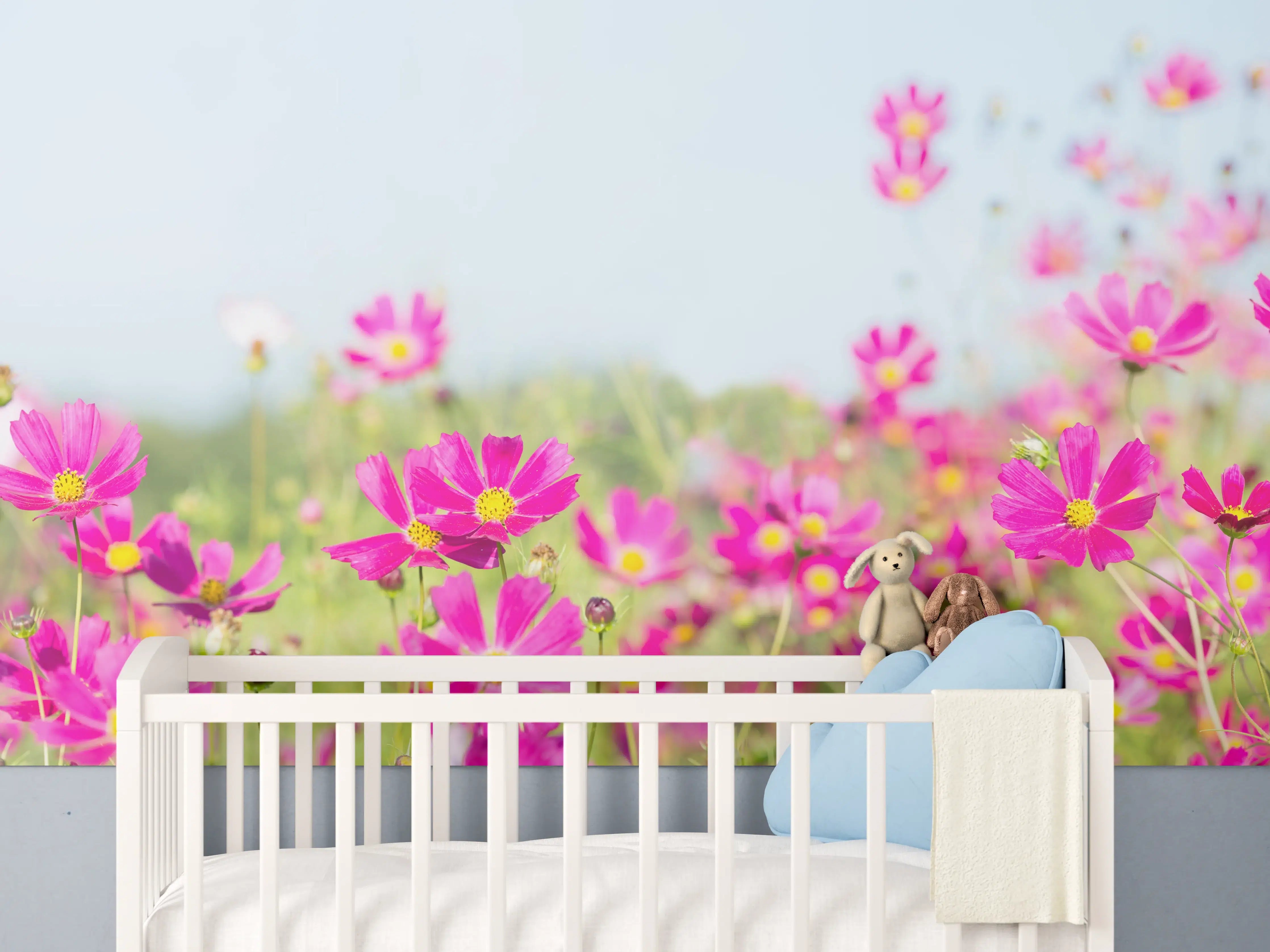 Babyzimmer Wandgestaltung - Rosa Blumenwiese Panorama