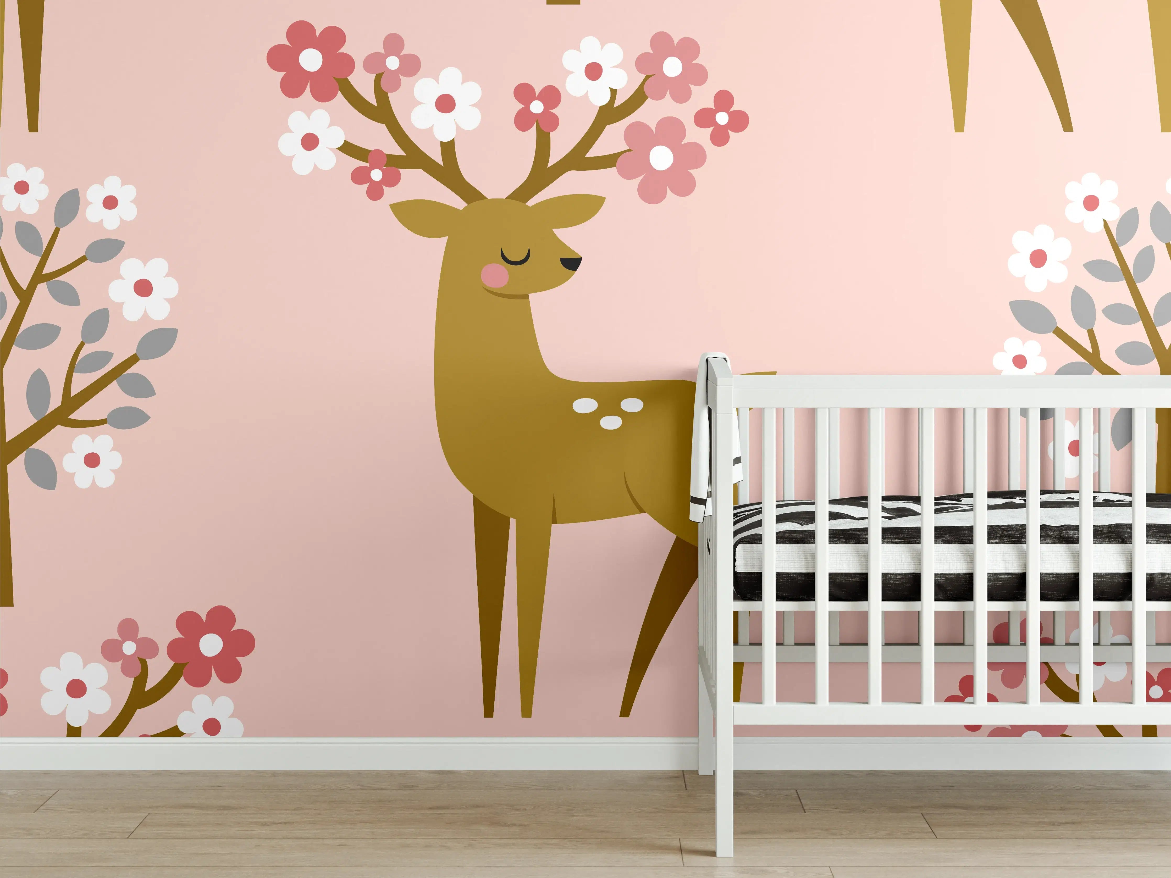 Babyzimmer Wandgestaltung - Rosa Hirsch Blumenmuster