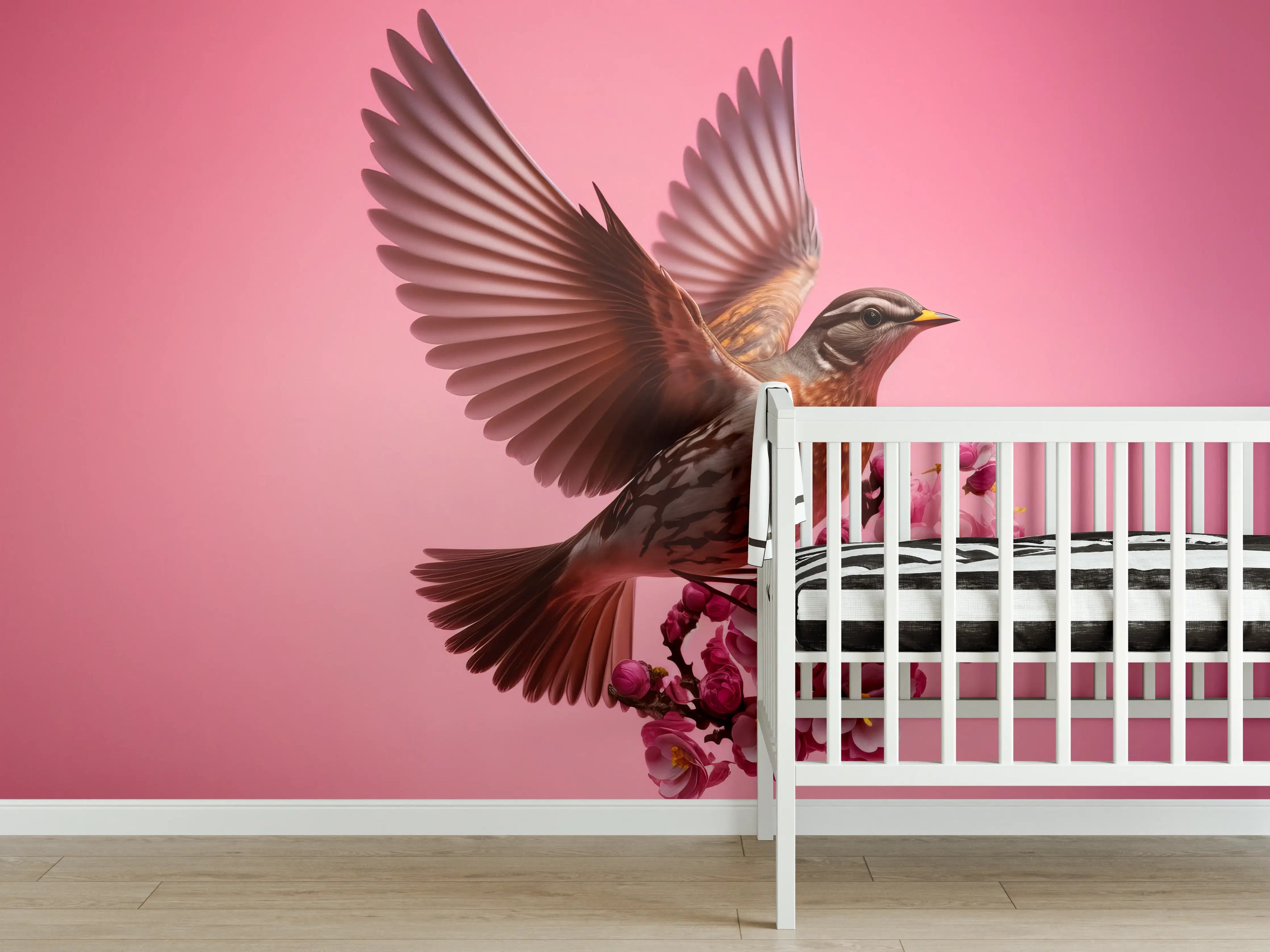 Babyzimmer Wandgestaltung - Rosa Kirschblüten Vogelflug