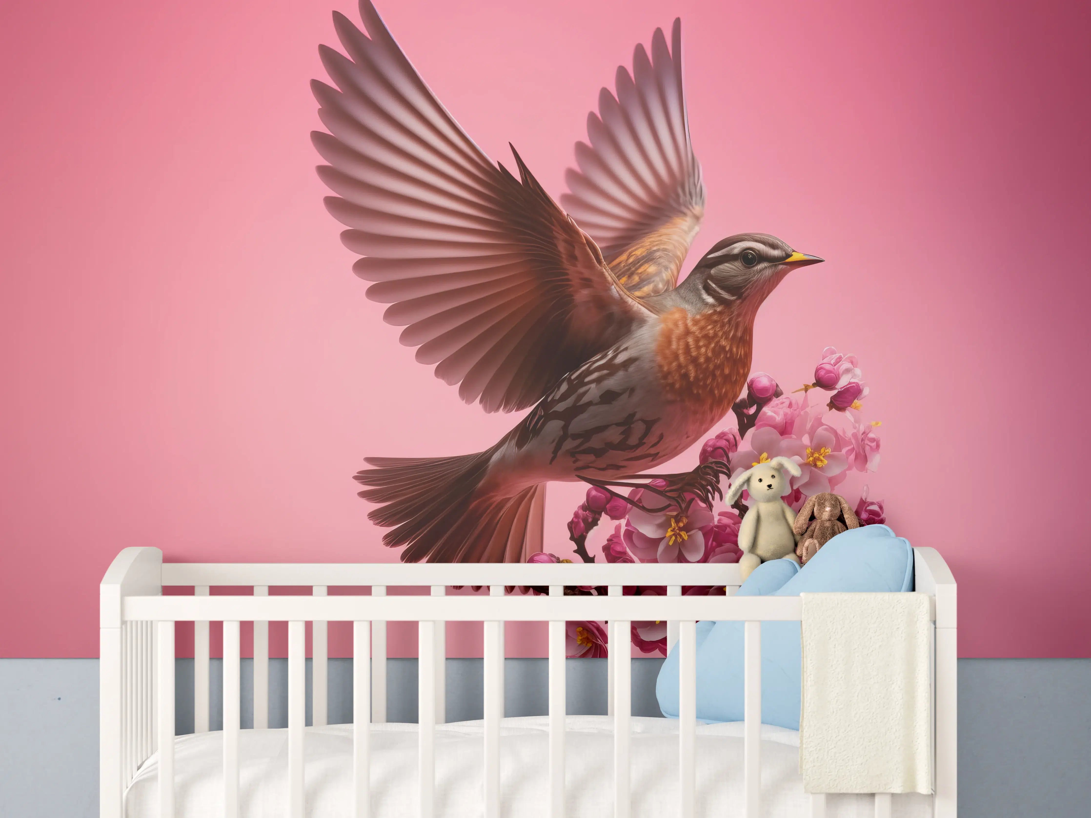 Babyzimmer Wandgestaltung - Rosa Kirschblüten Vogelflug