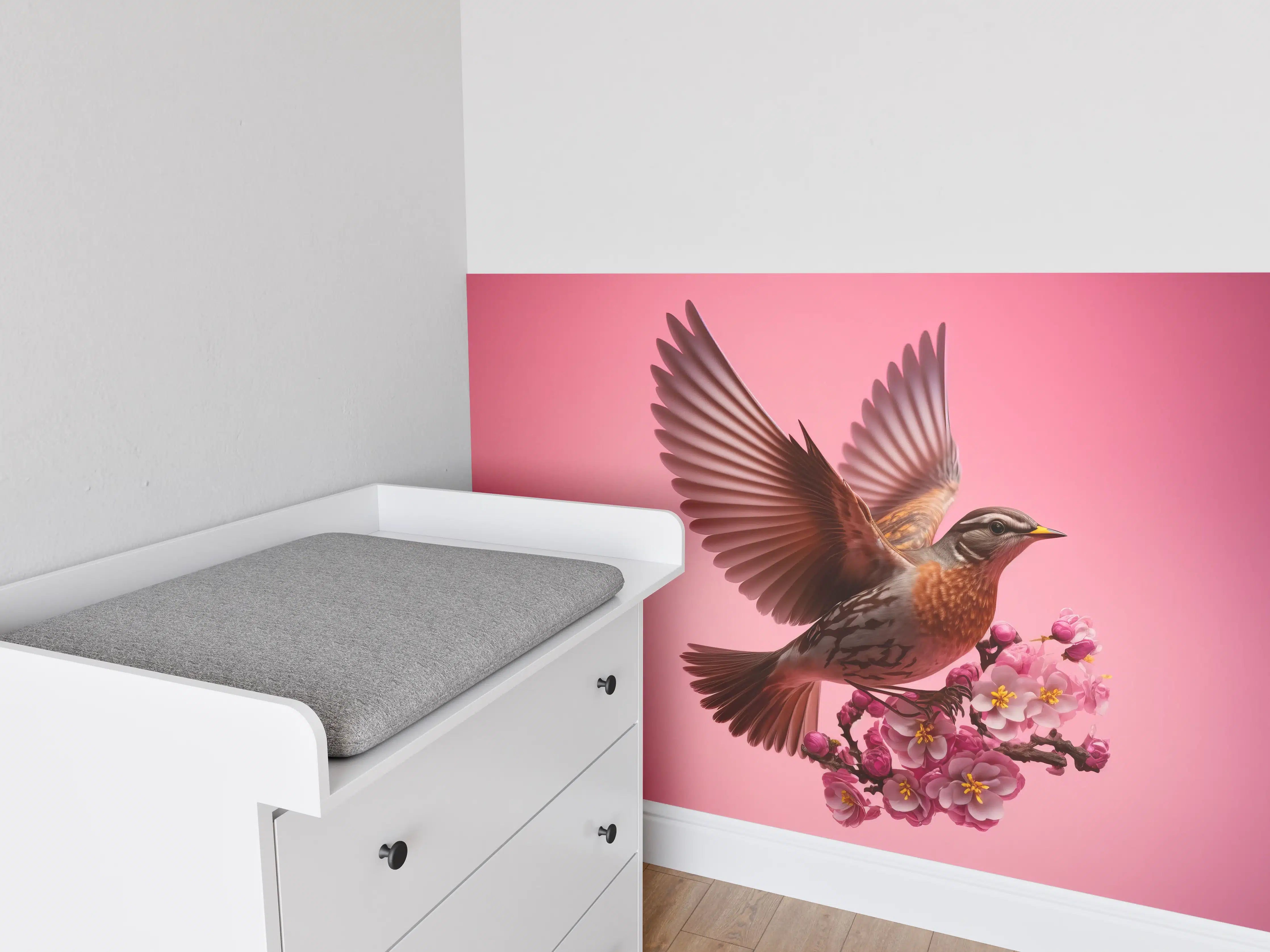 Babyzimmer Wandgestaltung - Rosa Kirschblüten Vogelflug