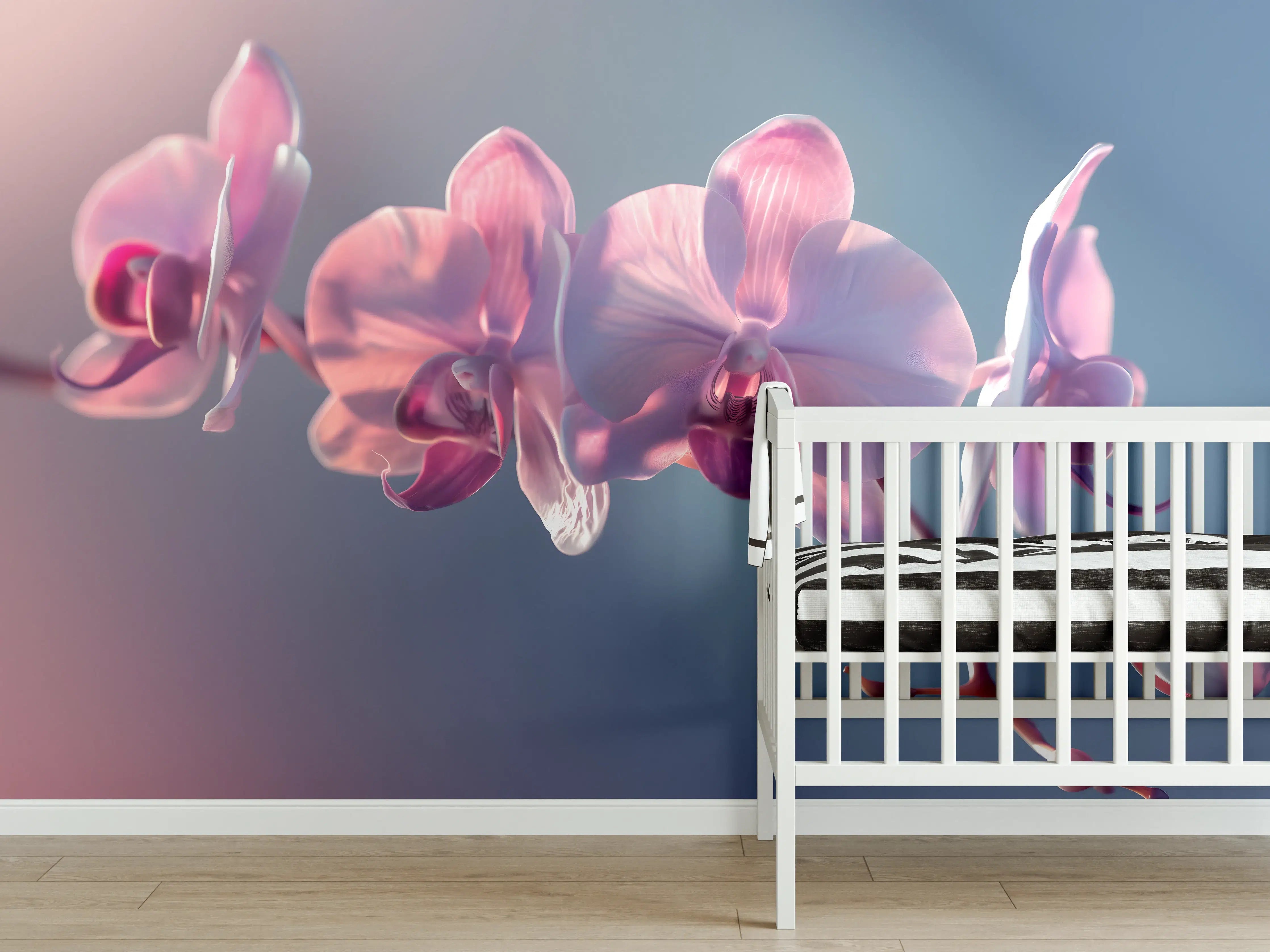 Babyzimmer Wandgestaltung - Rosa Orchideen auf Blau