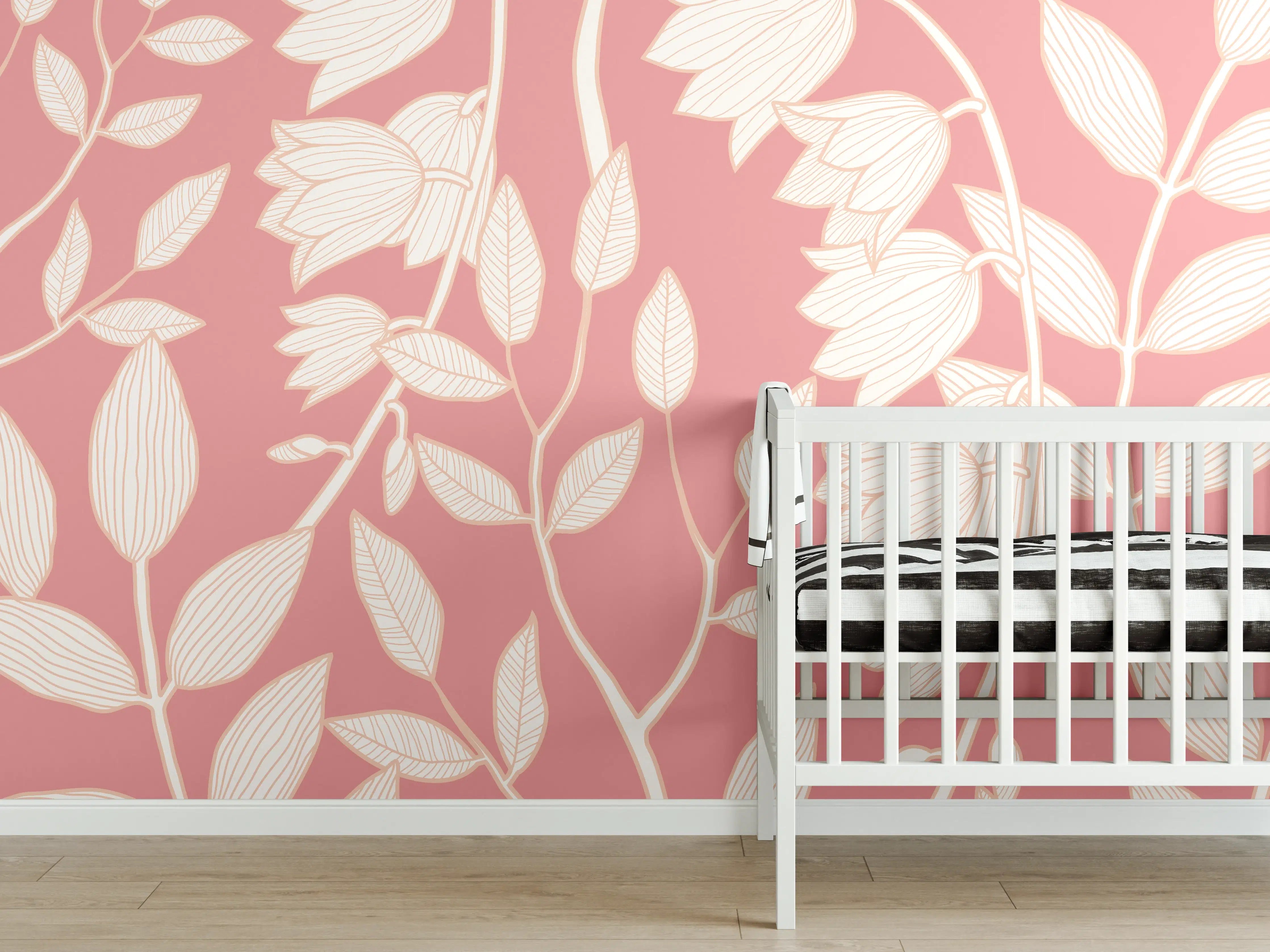 Babyzimmer Wandgestaltung - Rosafarbenes Blattmuster Tapetendesign