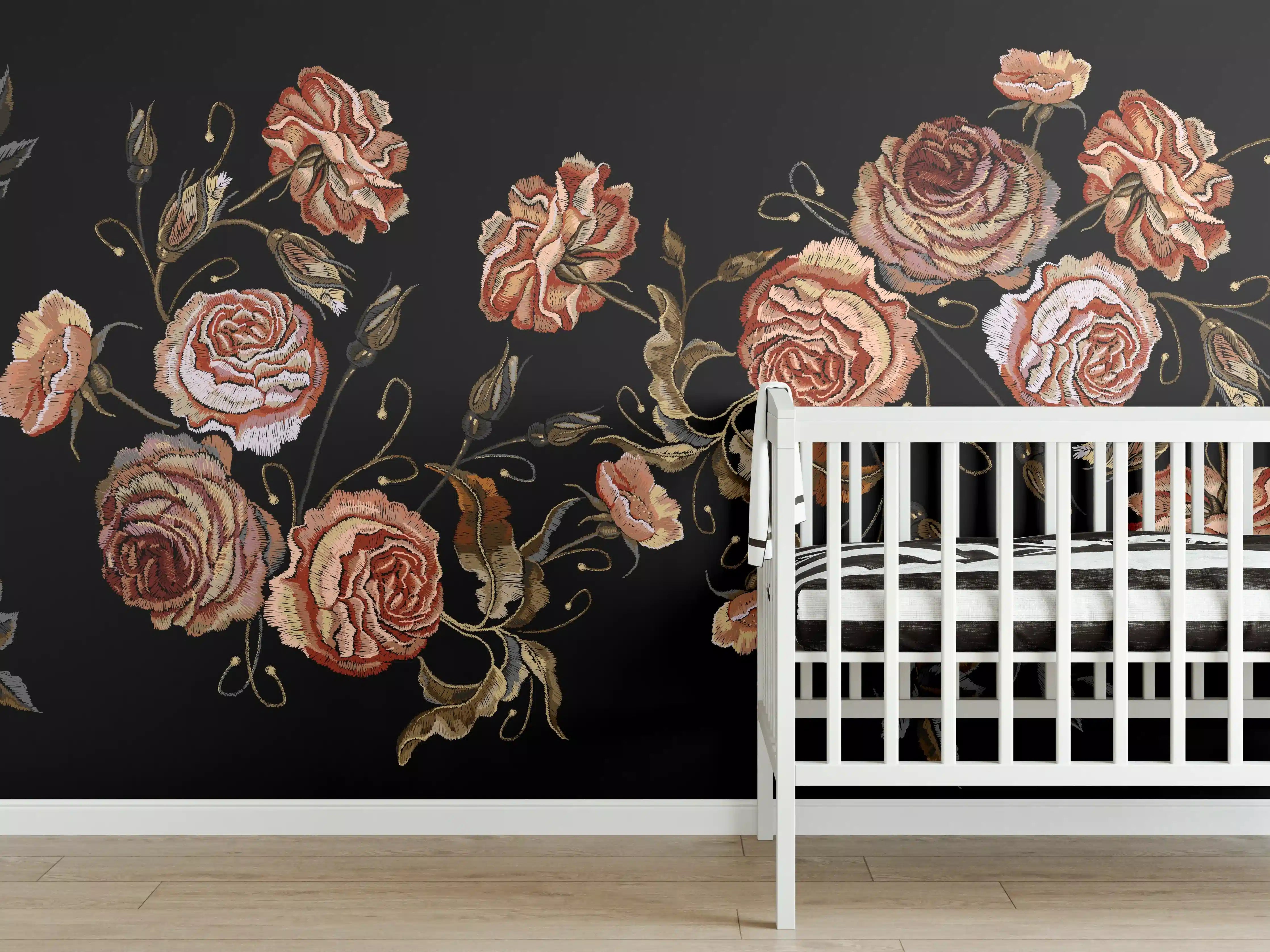 Babyzimmer Wandgestaltung - Rosenstickerei Renaissance Schwarz