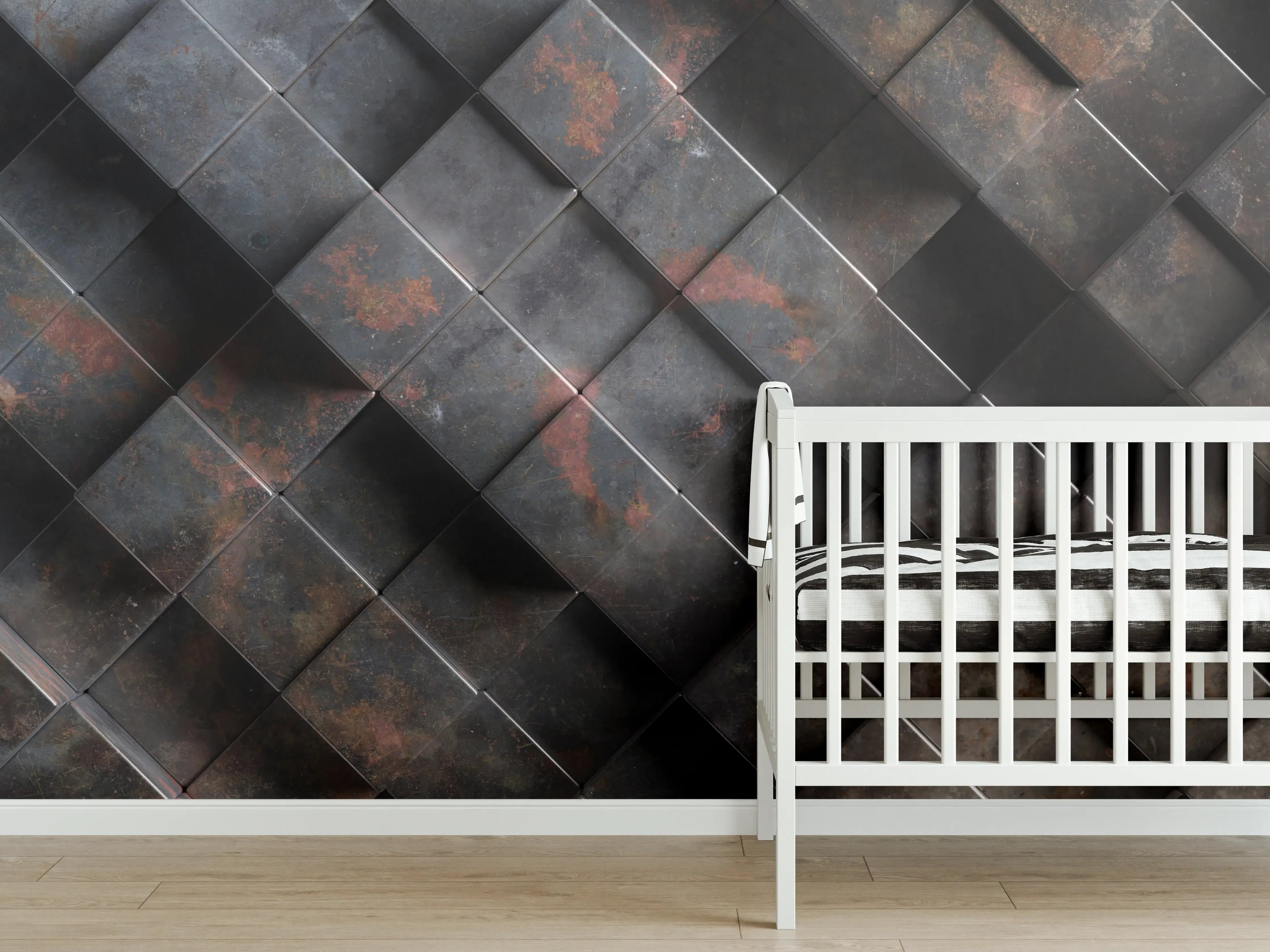 Babyzimmer Wandgestaltung - Rostige Metalloptik Würfelmuster