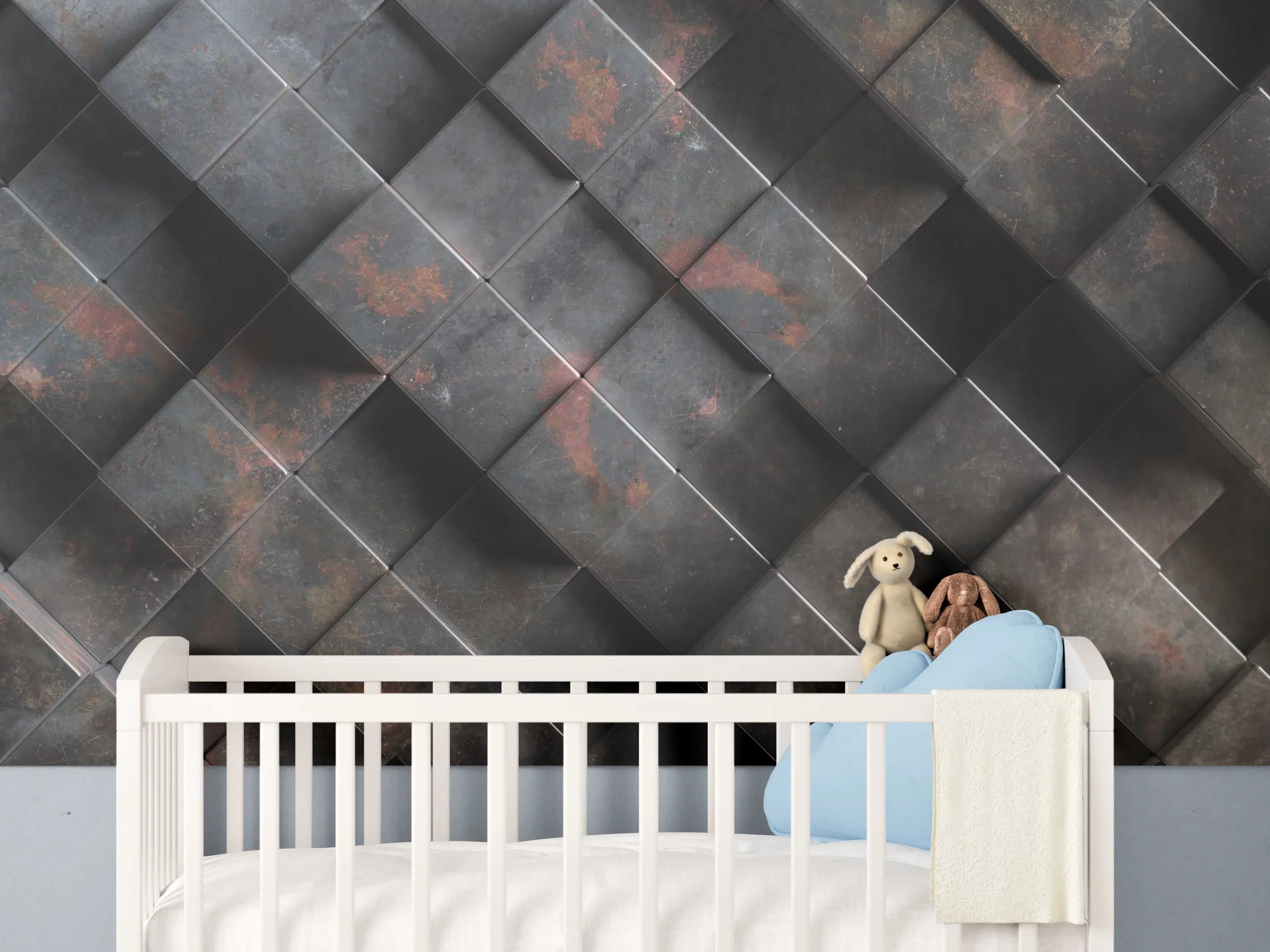 Babyzimmer Wandgestaltung - Rostige Metalloptik Würfelmuster