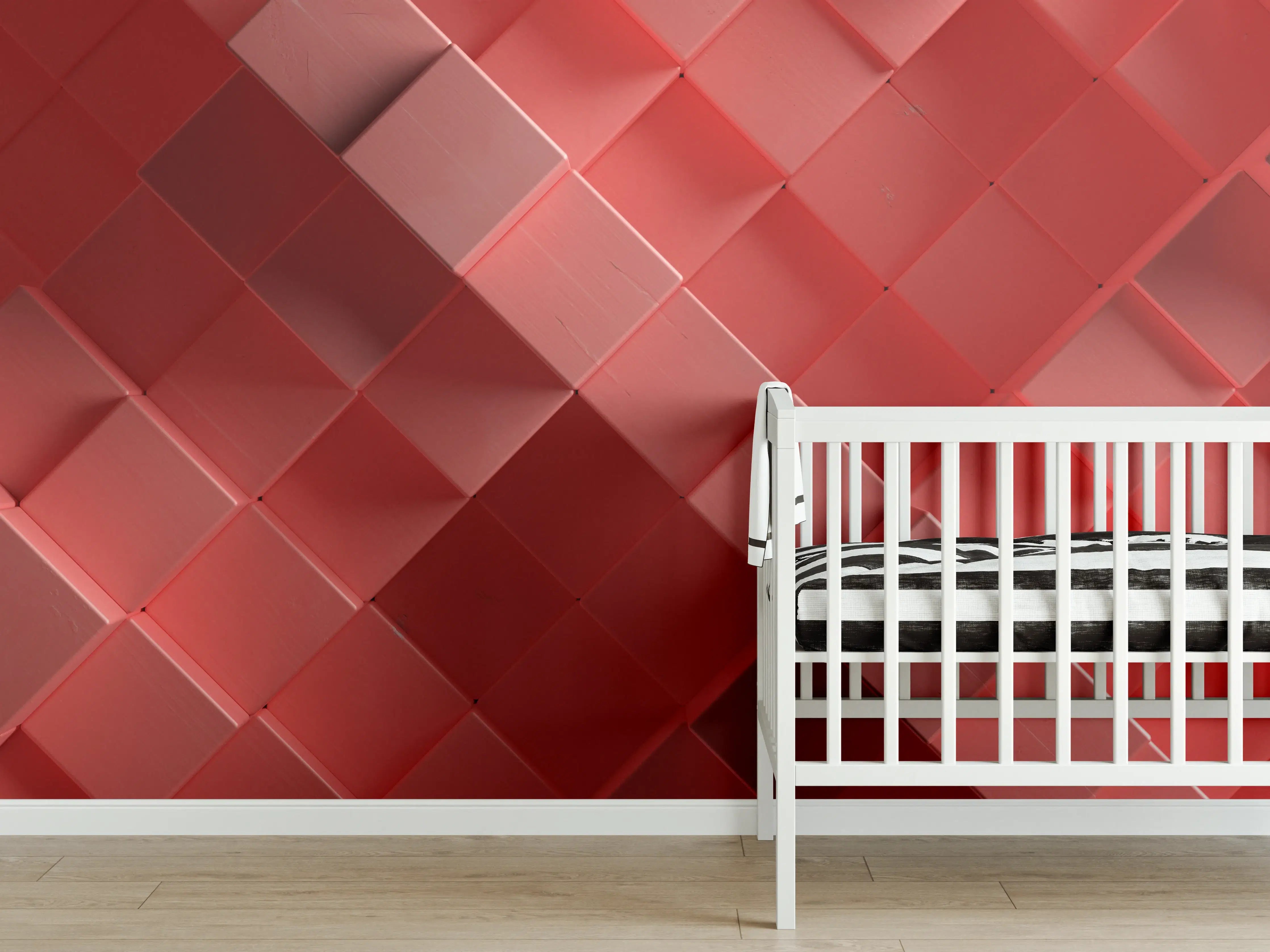 Babyzimmer Wandgestaltung - Rote 3D Würfel Struktur