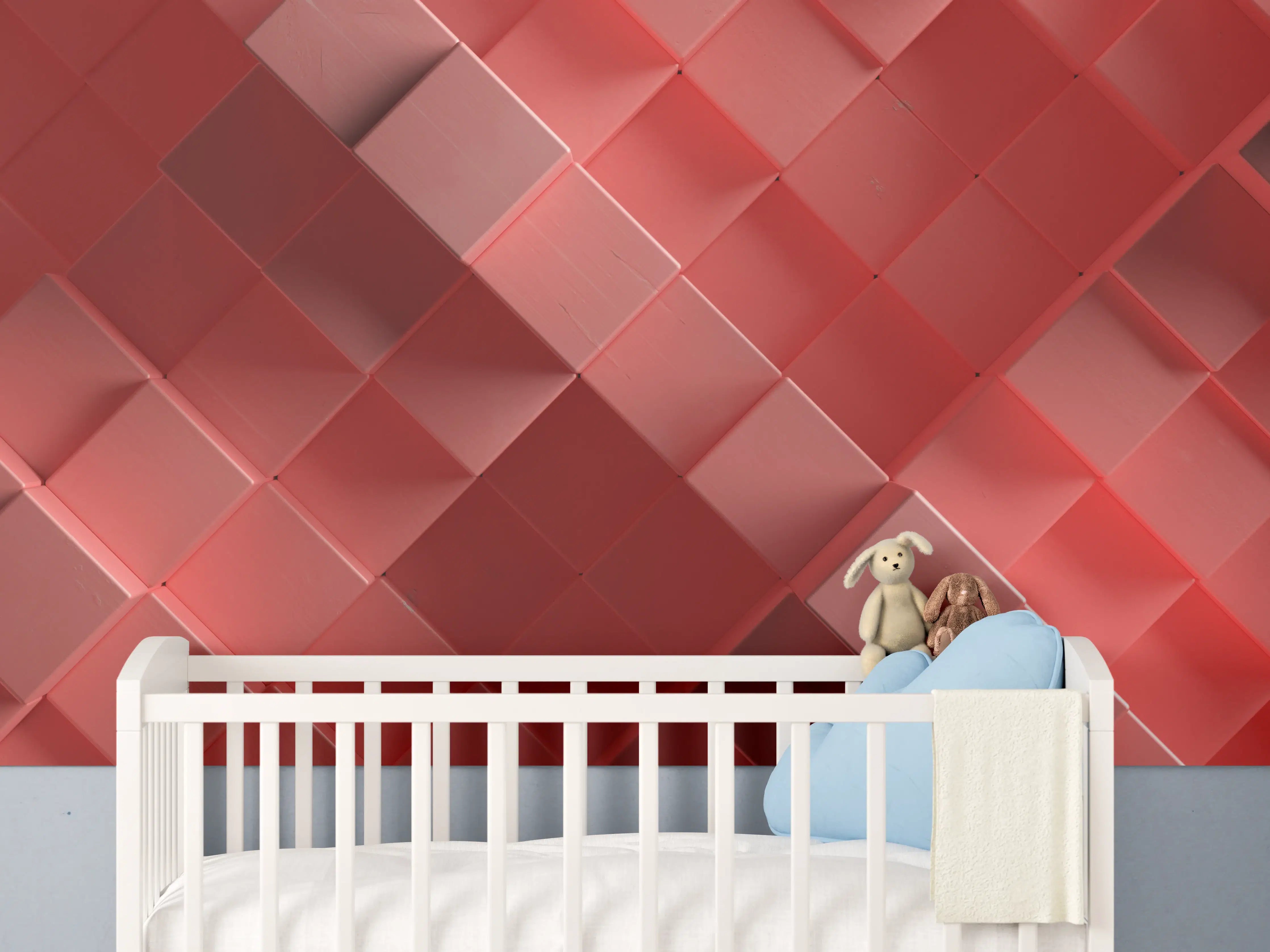 Babyzimmer Wandgestaltung - Rote 3D Würfel Struktur