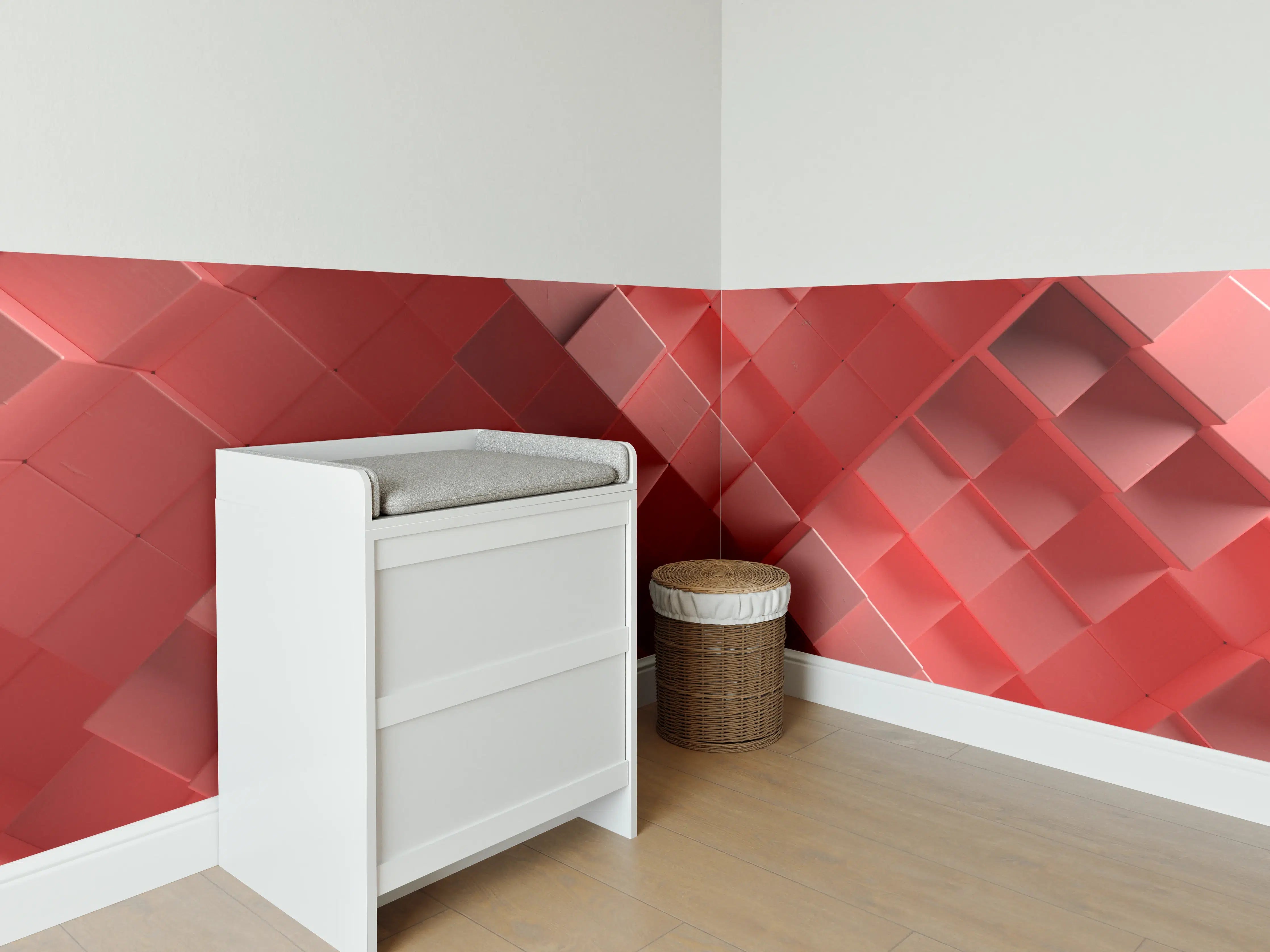 Babyzimmer Wandgestaltung - Rote 3D Würfel Struktur