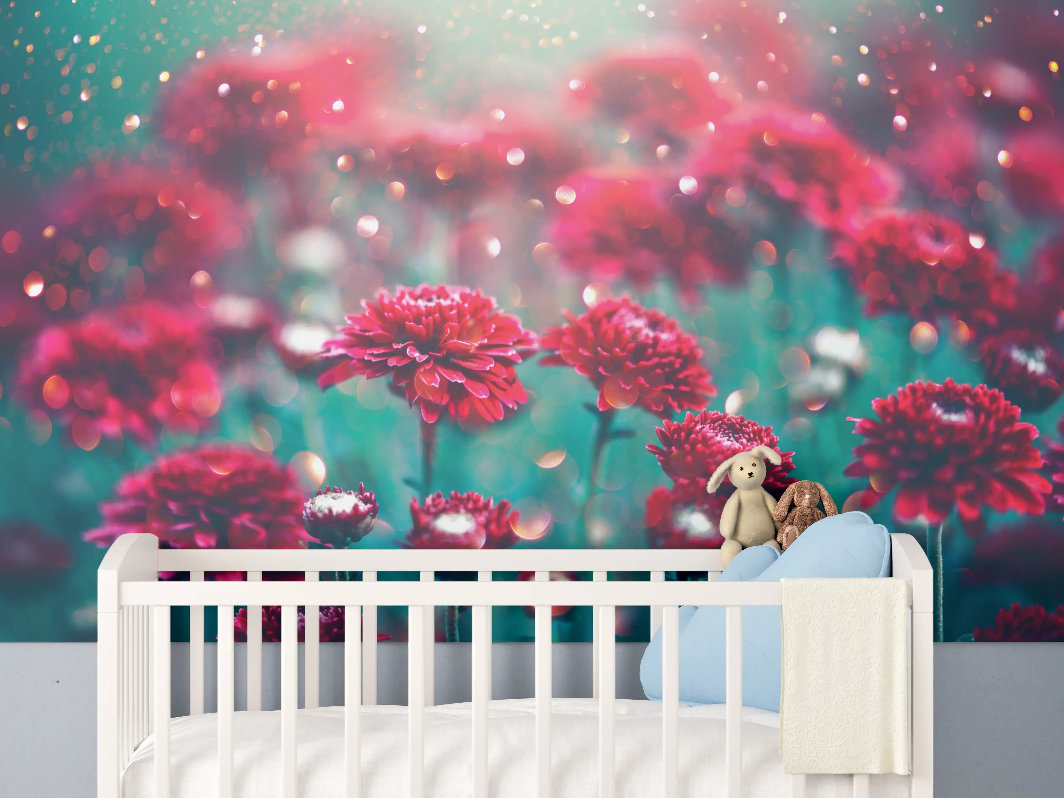 Babyzimmer Wandgestaltung - Rote Blumen funkeln im Garten