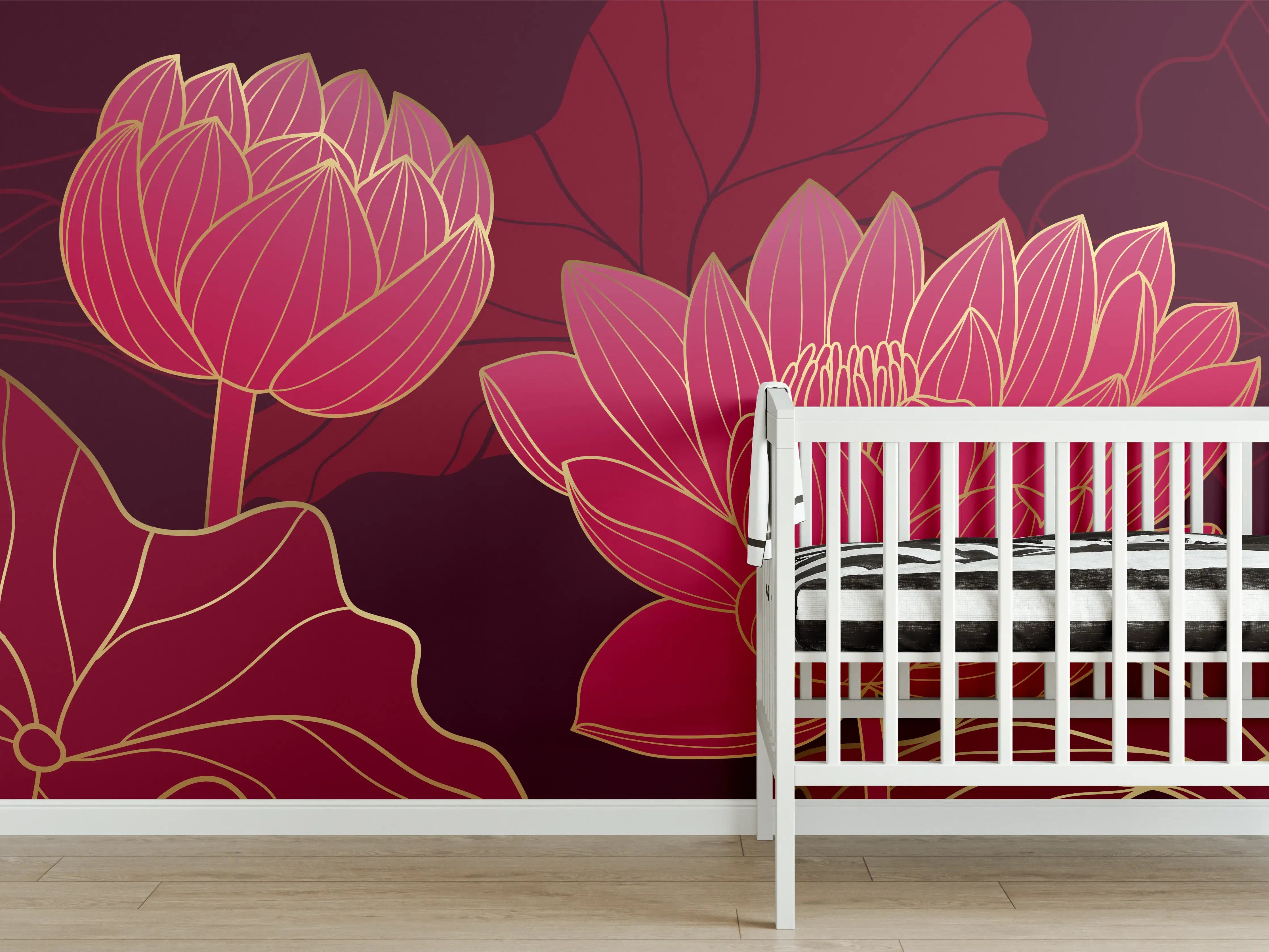 Babyzimmer Wandgestaltung - Rote Lotusblüten Lineart Design