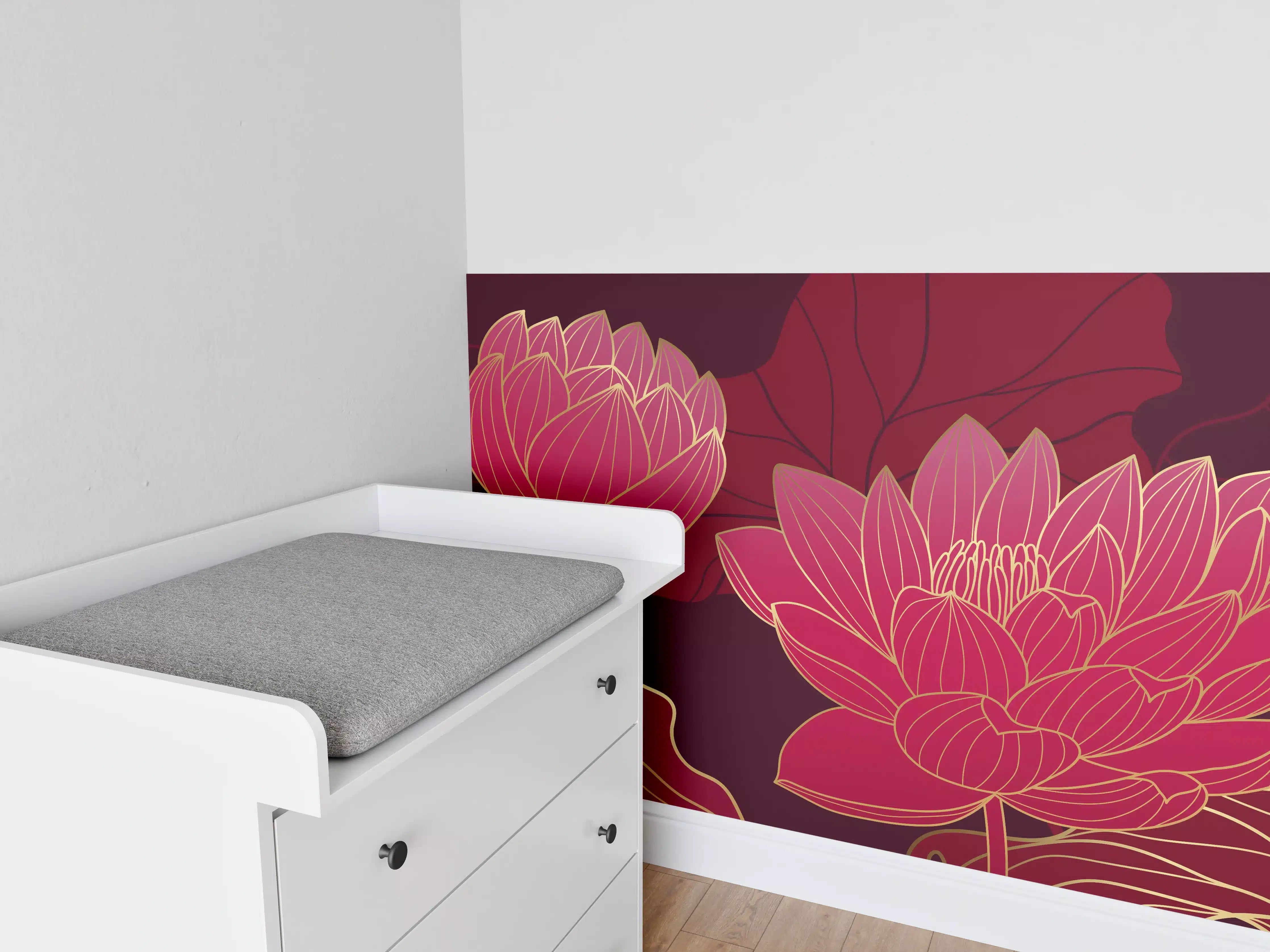 Babyzimmer Wandgestaltung - Rote Lotusblüten Lineart Design