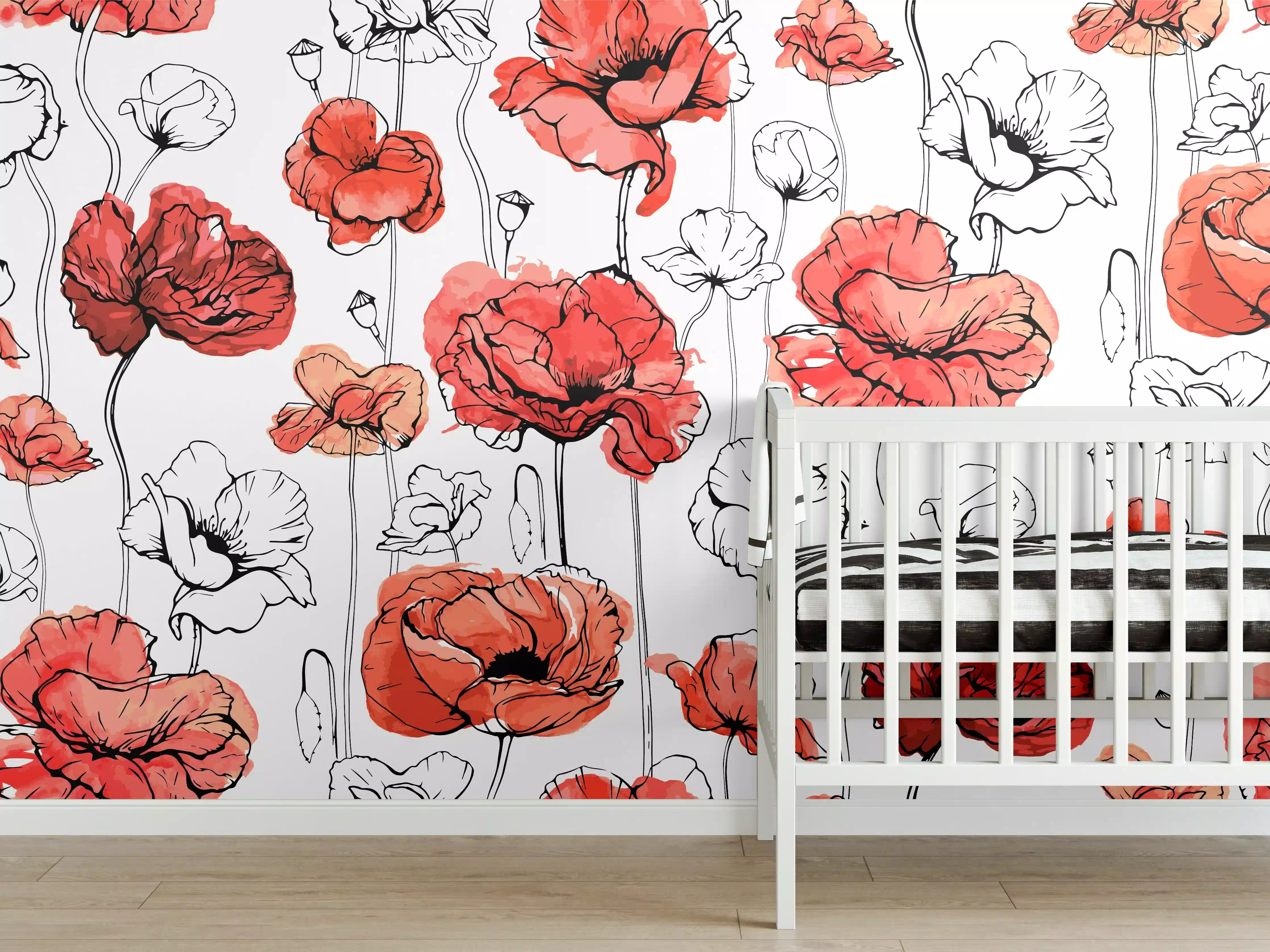 Babyzimmer Wandgestaltung - Rote Mohnblumen Lineart Muster
