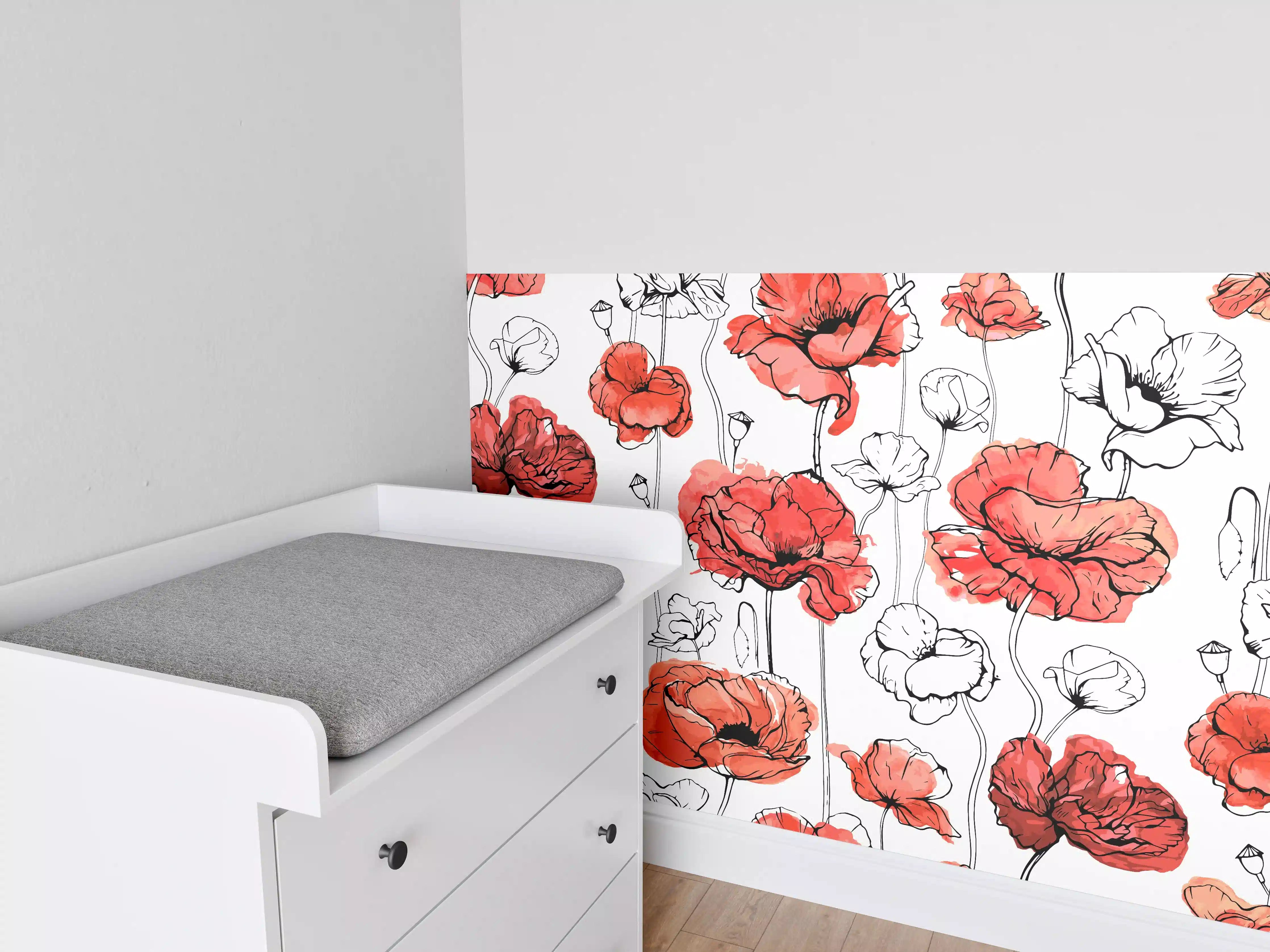 Babyzimmer Wandgestaltung - Rote Mohnblumen Lineart Muster