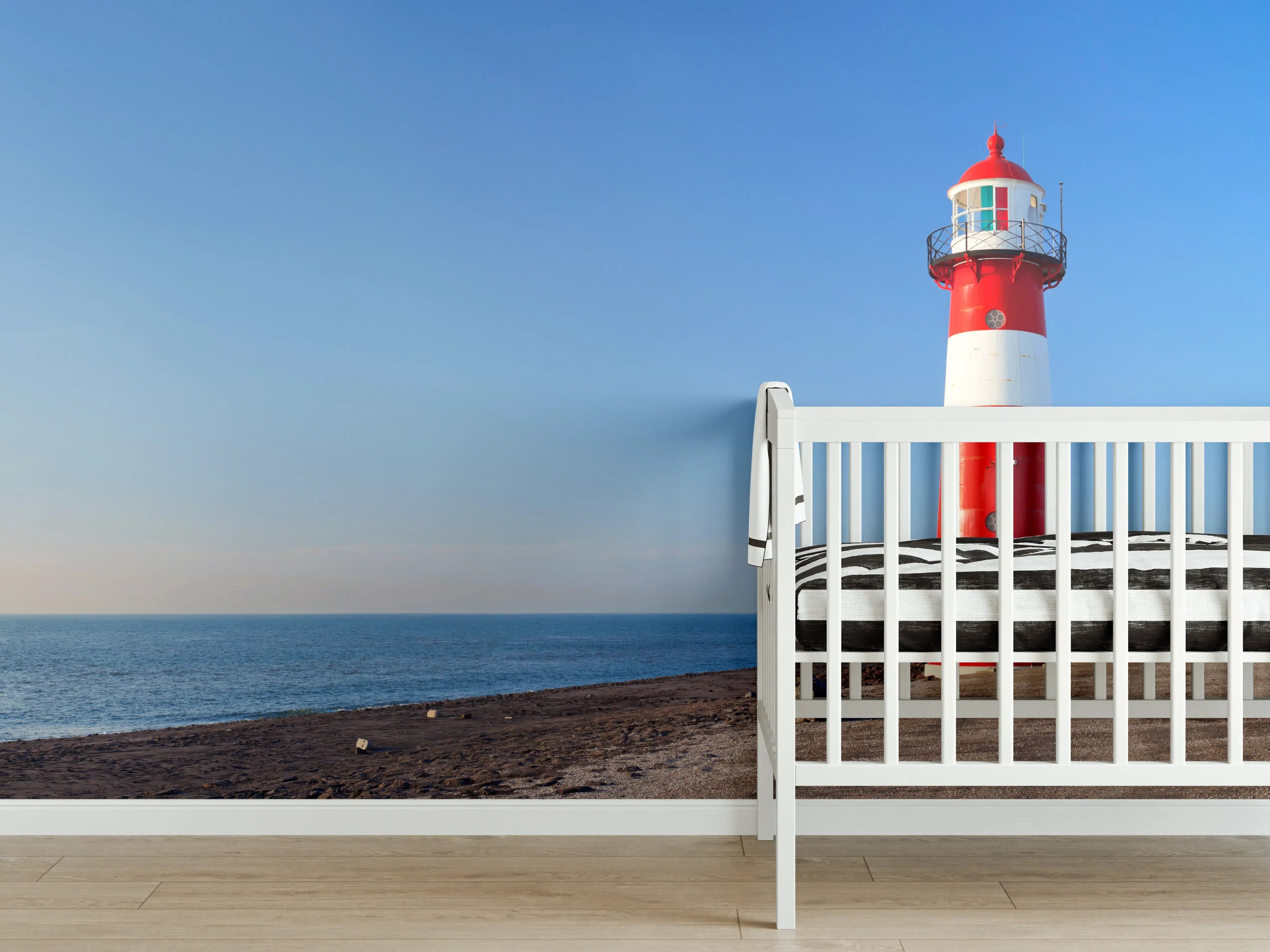 Babyzimmer Wandgestaltung - Roter Leuchtturm am Meer