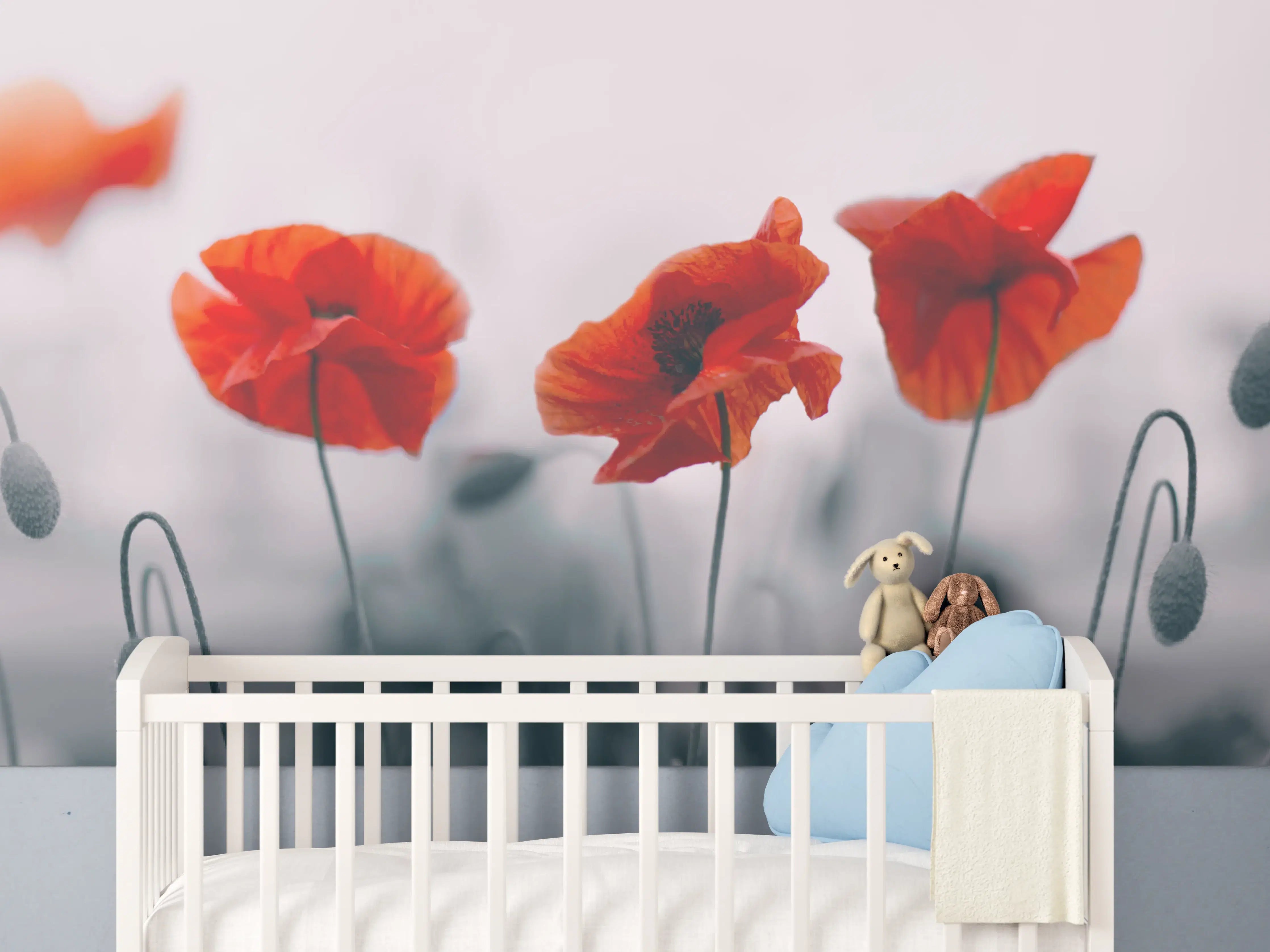 Babyzimmer Wandgestaltung - Roter Mohn auf hellem Hintergrund