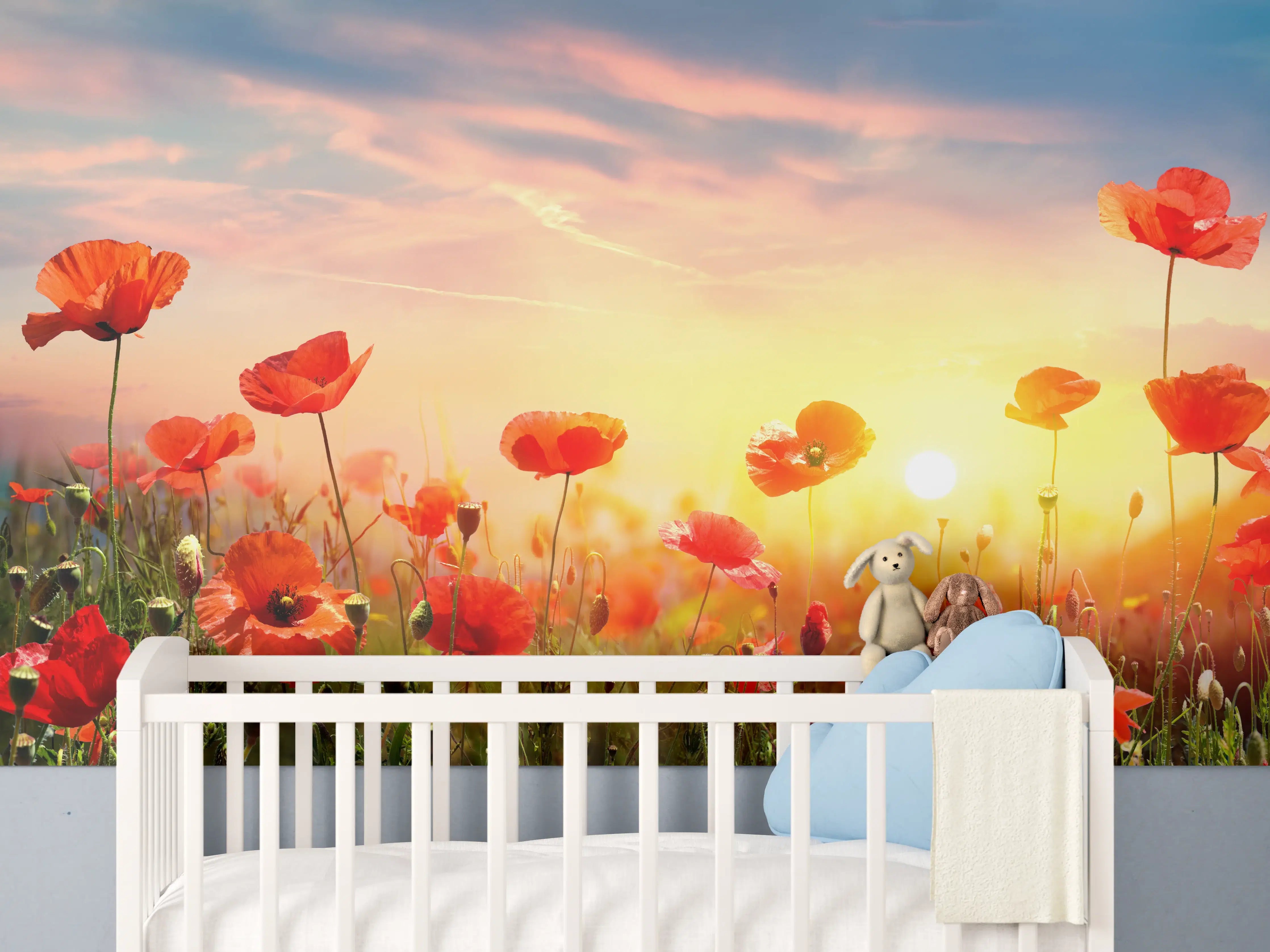 Babyzimmer Wandgestaltung - Roter Mohnfeld Sonnenaufgang