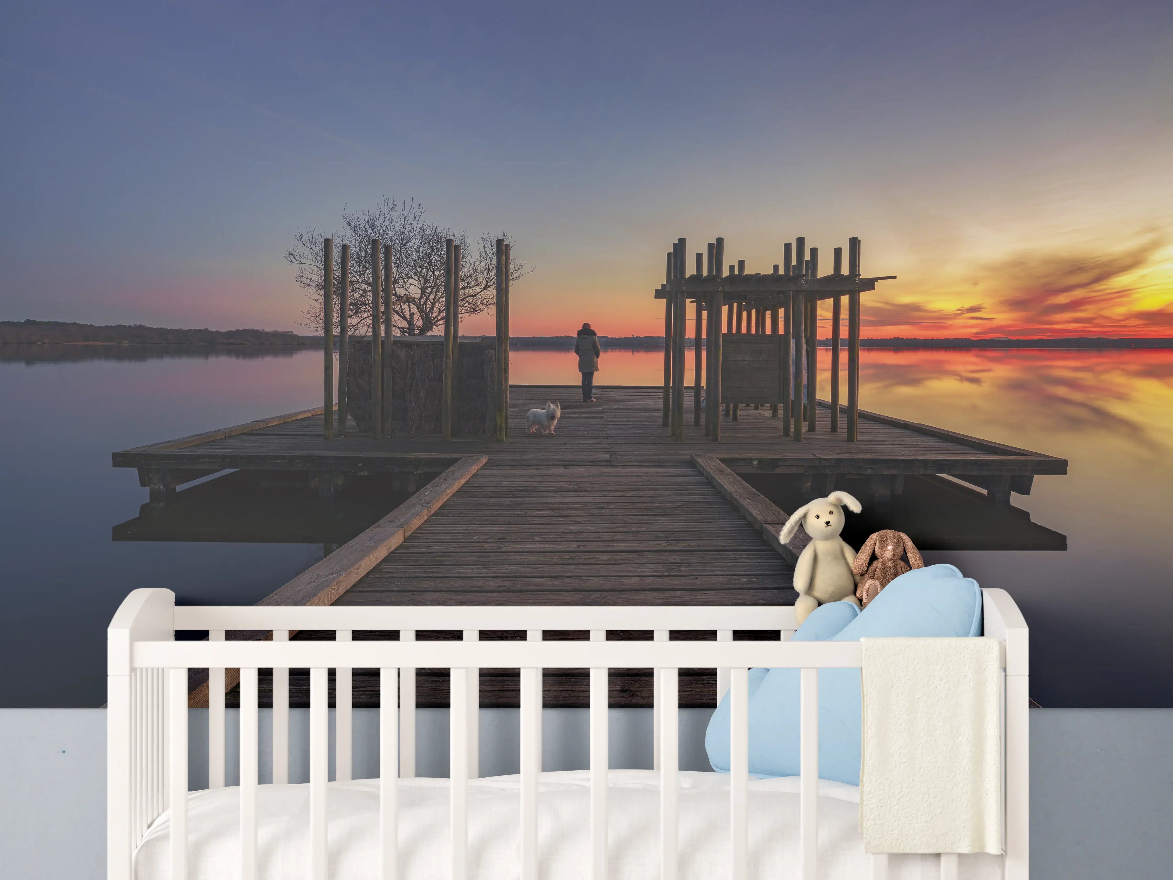 Babyzimmer Wandgestaltung - Ruhiger See bei Sonnenuntergang