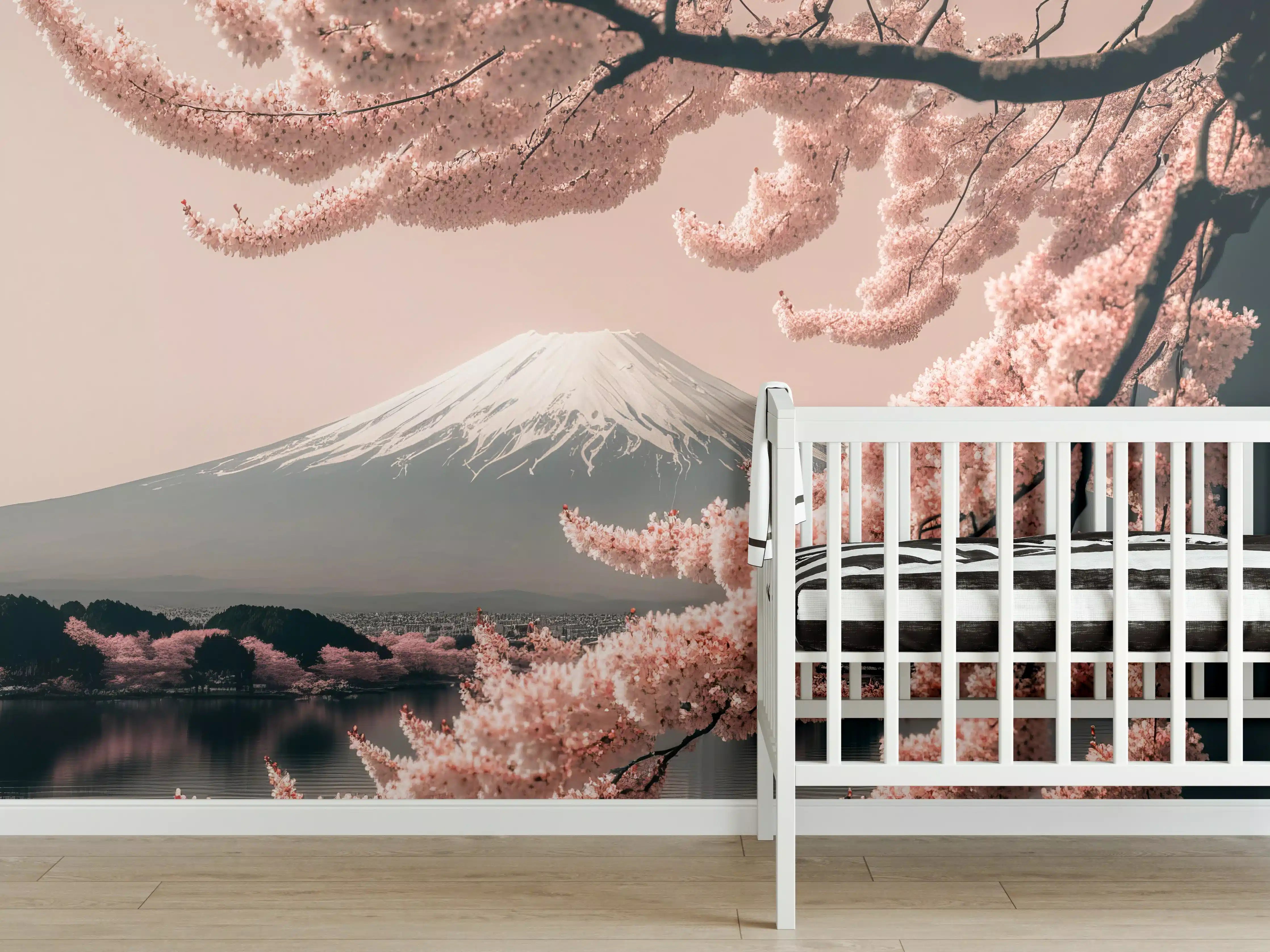 Babyzimmer Wandgestaltung - Sakura Baum mit Fuji Berg im Hintergrund