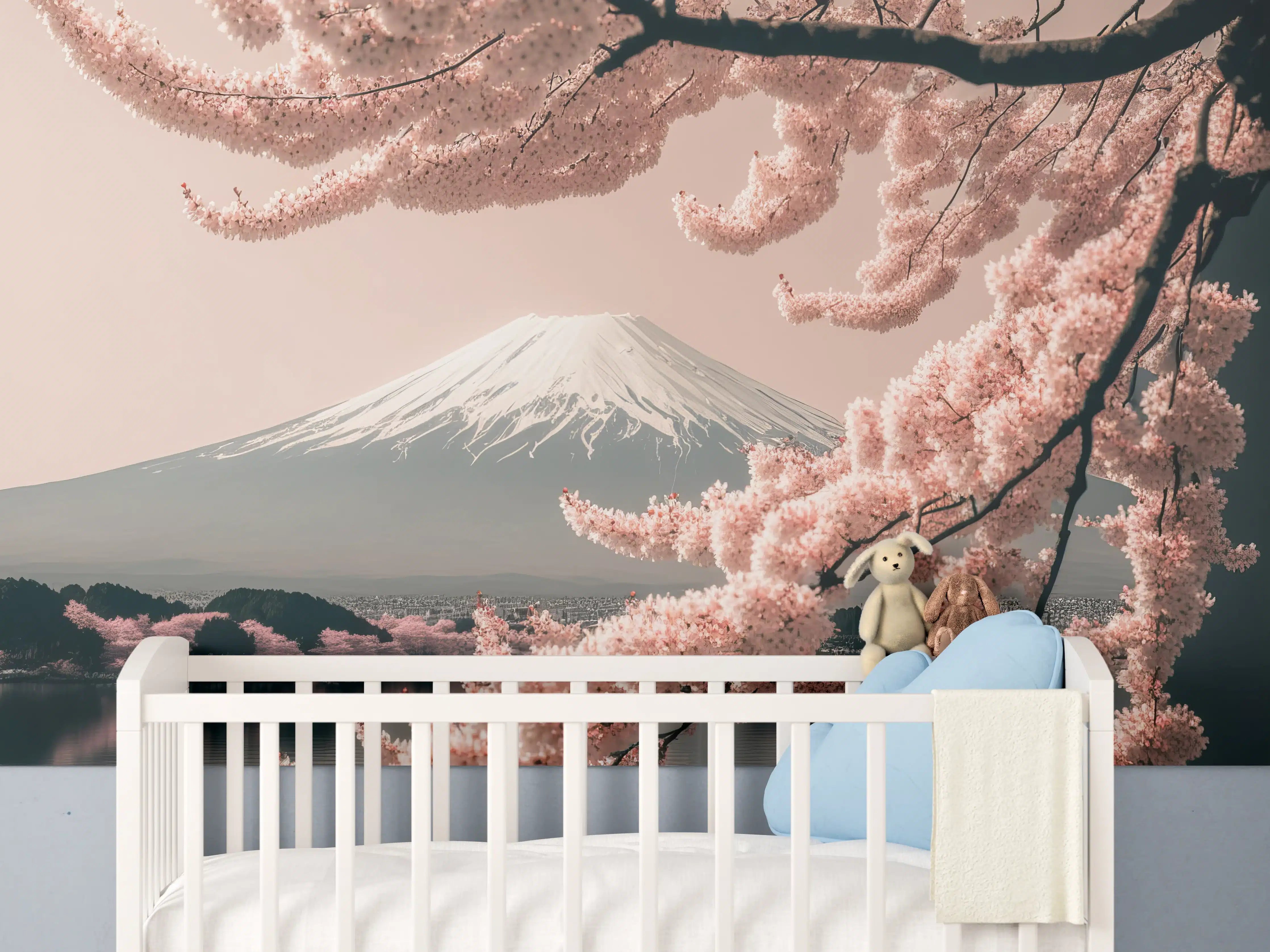 Babyzimmer Wandgestaltung - Sakura Baum mit Fuji Berg im Hintergrund