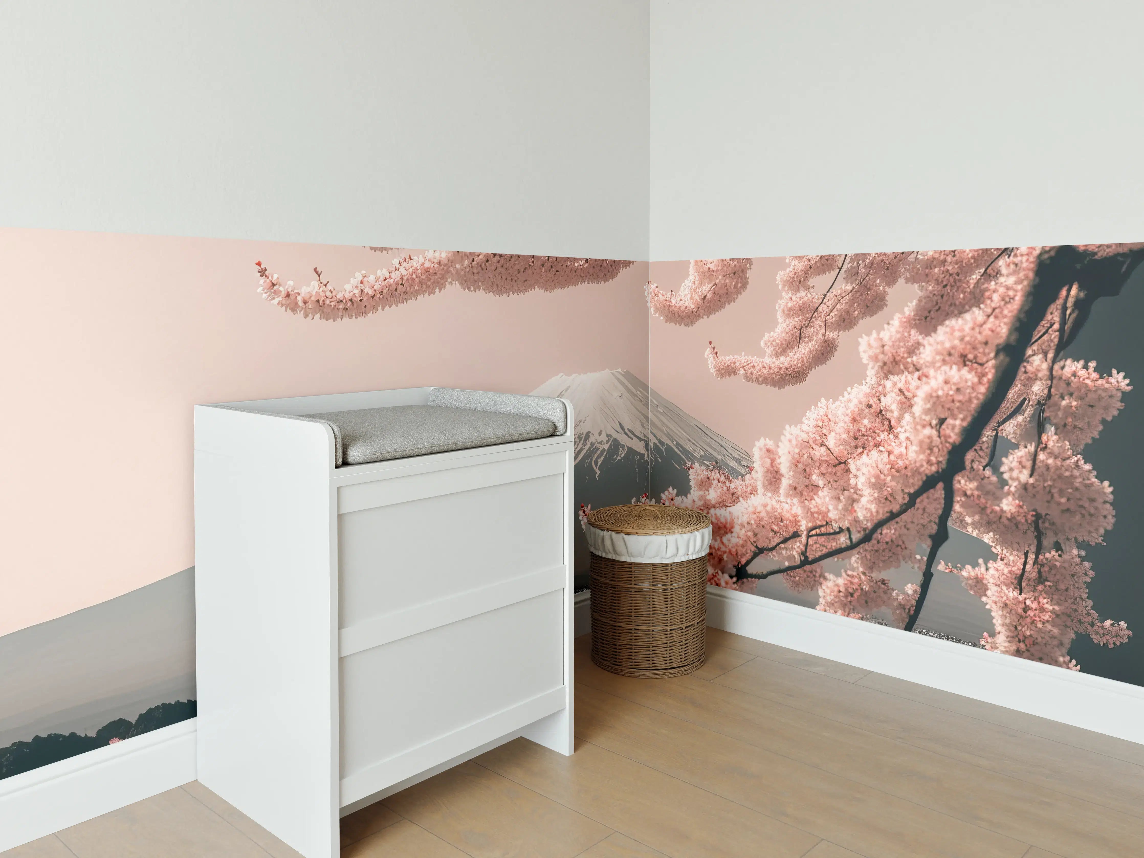 Babyzimmer Wandgestaltung - Sakura Baum mit Fuji Berg im Hintergrund