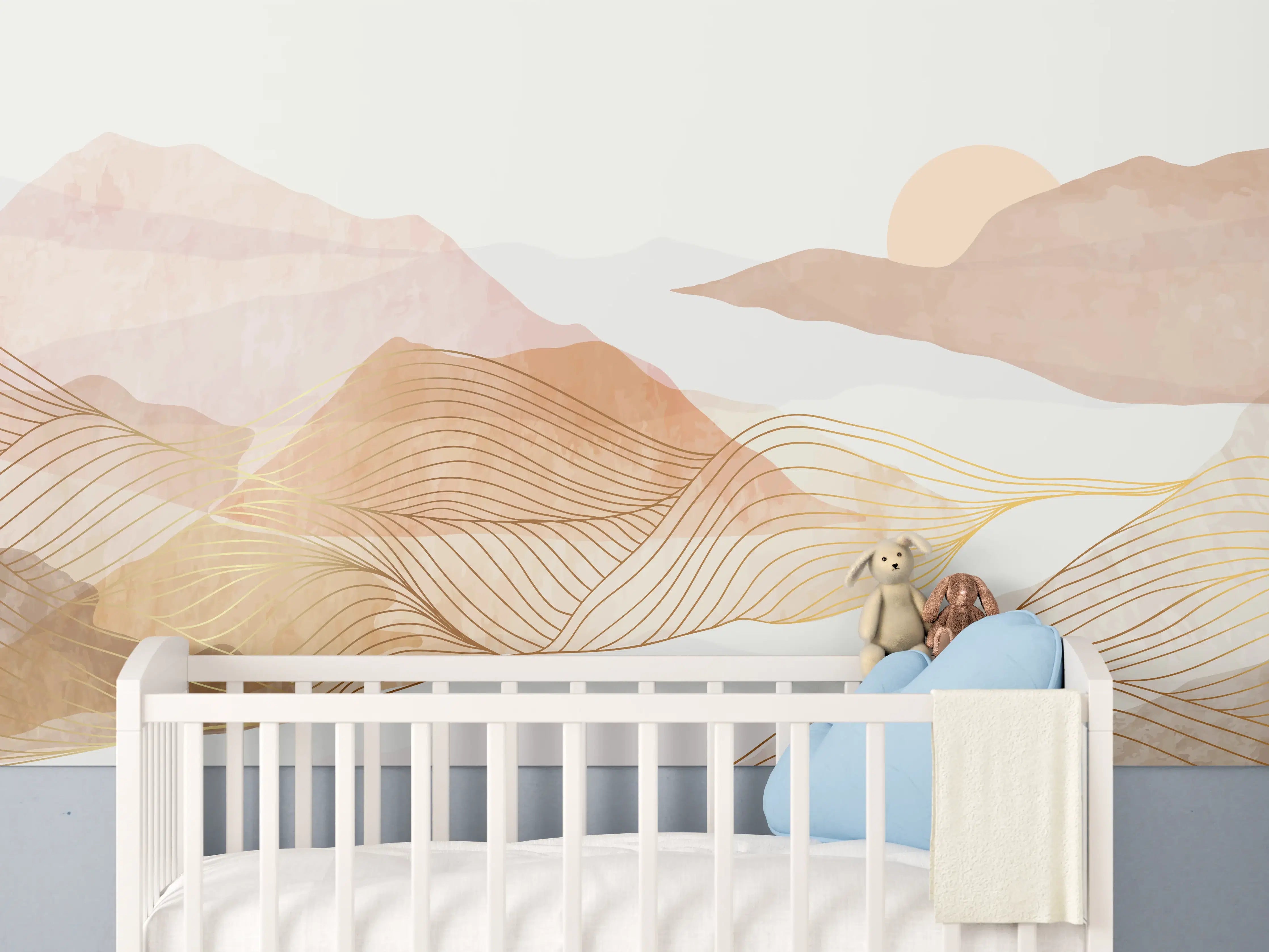 Babyzimmer Wandgestaltung - Sanfte Berglandschaft in pastelfarben