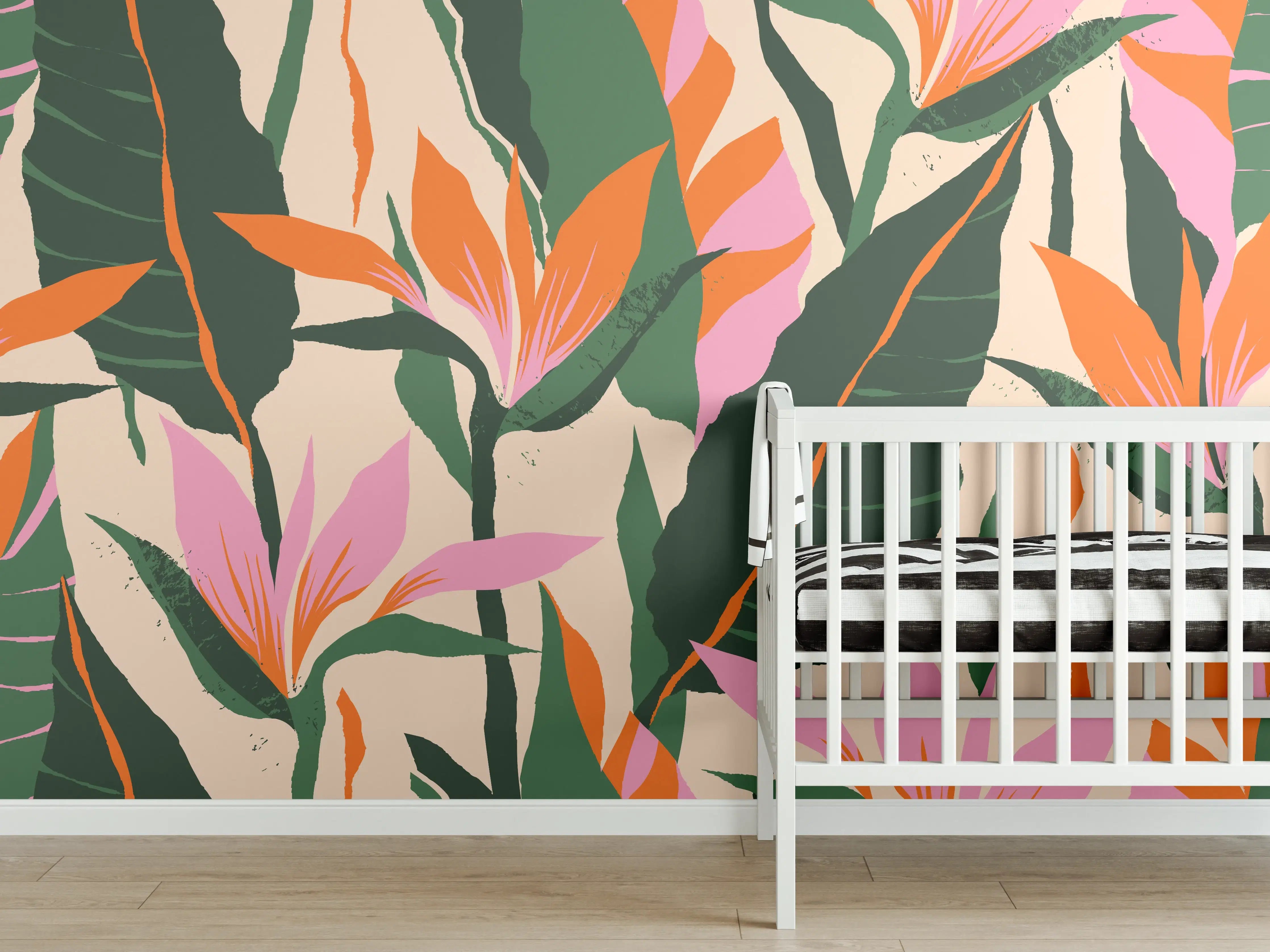 Babyzimmer Wandgestaltung - Sanfte Graupastell-Blumenmotive