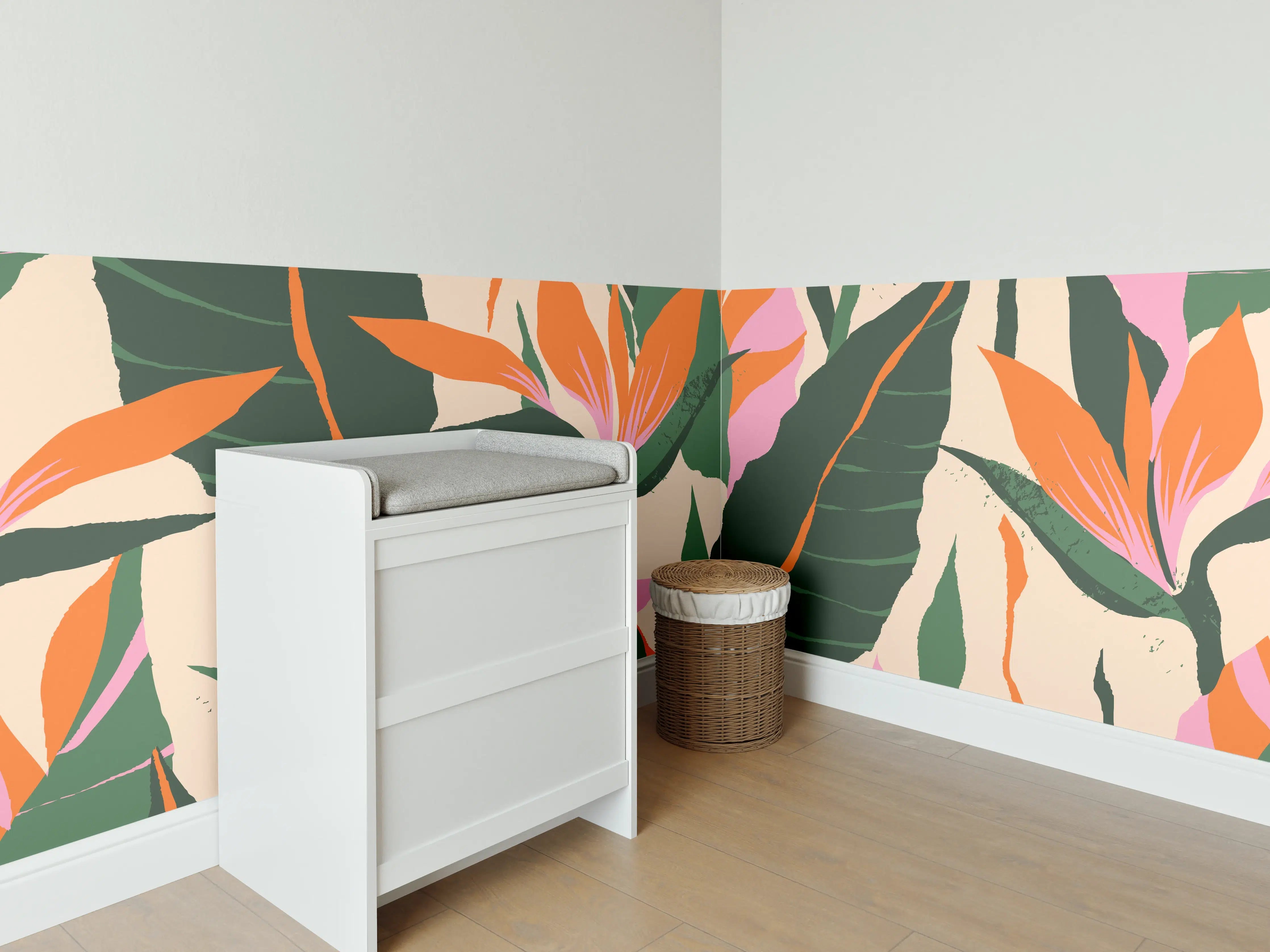 Babyzimmer Wandgestaltung - Sanfte Graupastell-Blumenmotive