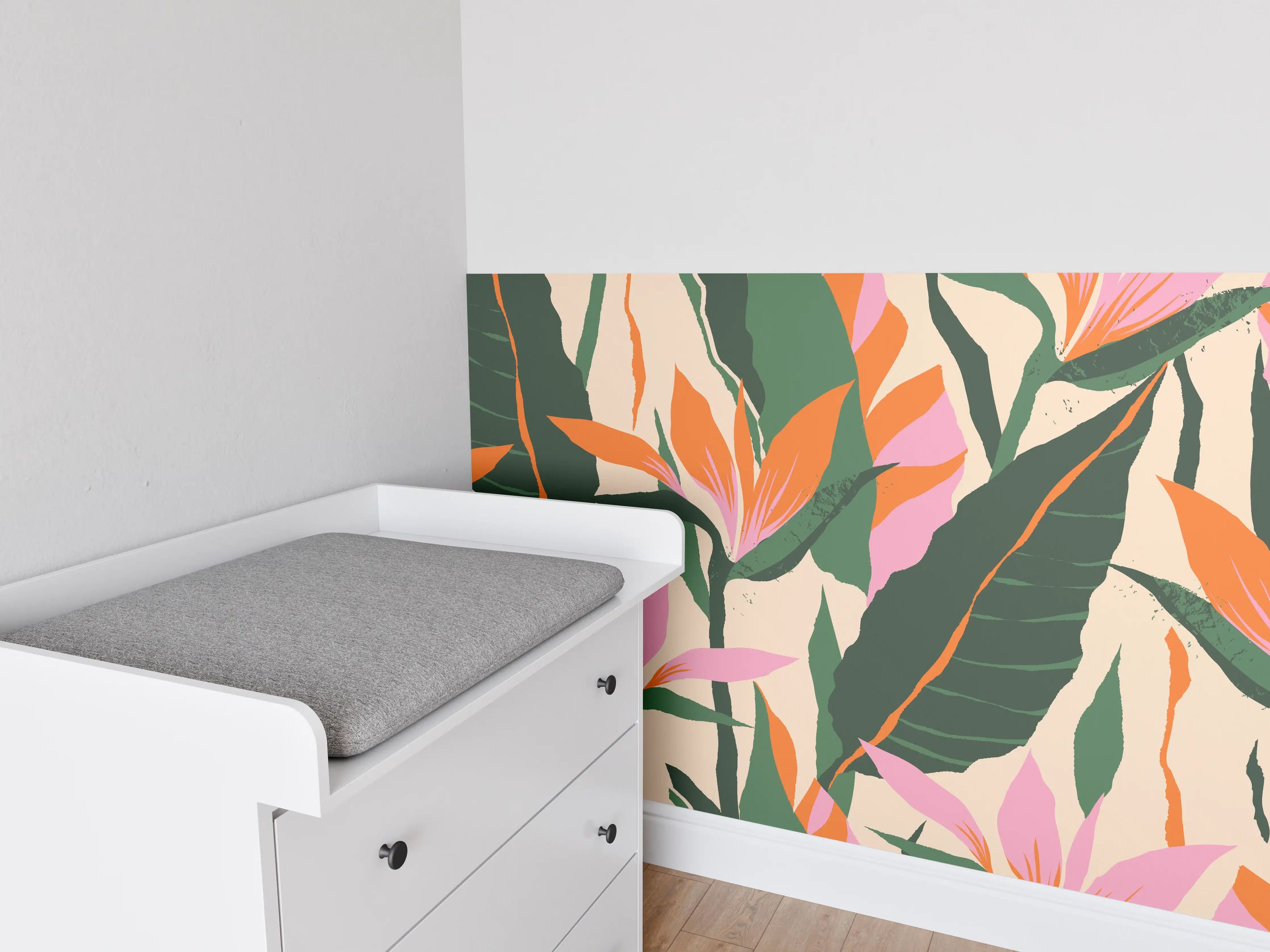 Babyzimmer Wandgestaltung - Sanfte Graupastell-Blumenmotive