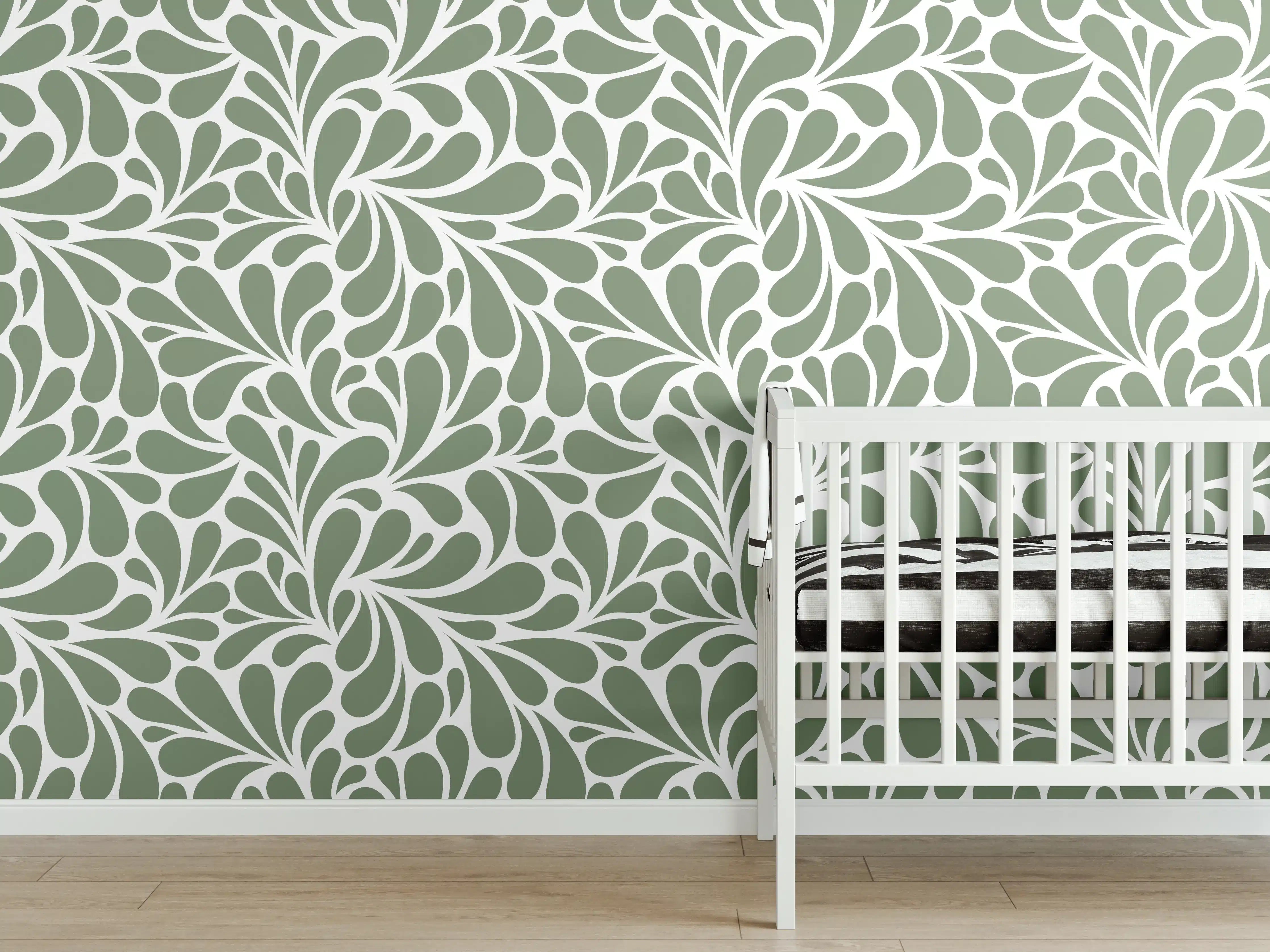 Babyzimmer Wandgestaltung - Sanfte Grüntöne mit floraler Musterarbeit