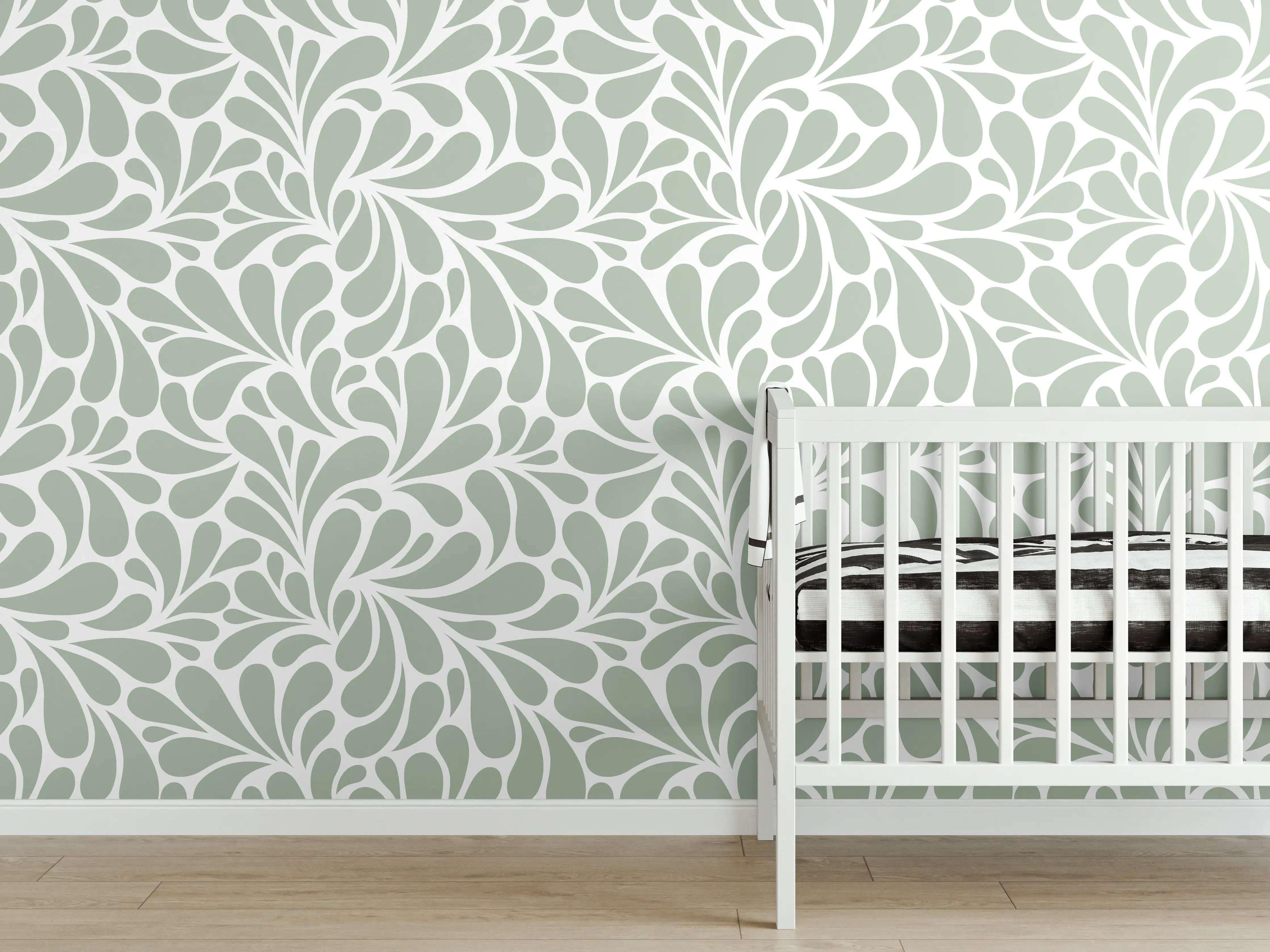 Babyzimmer Wandgestaltung - Sanfte Grüntöne mit floraler Musterung