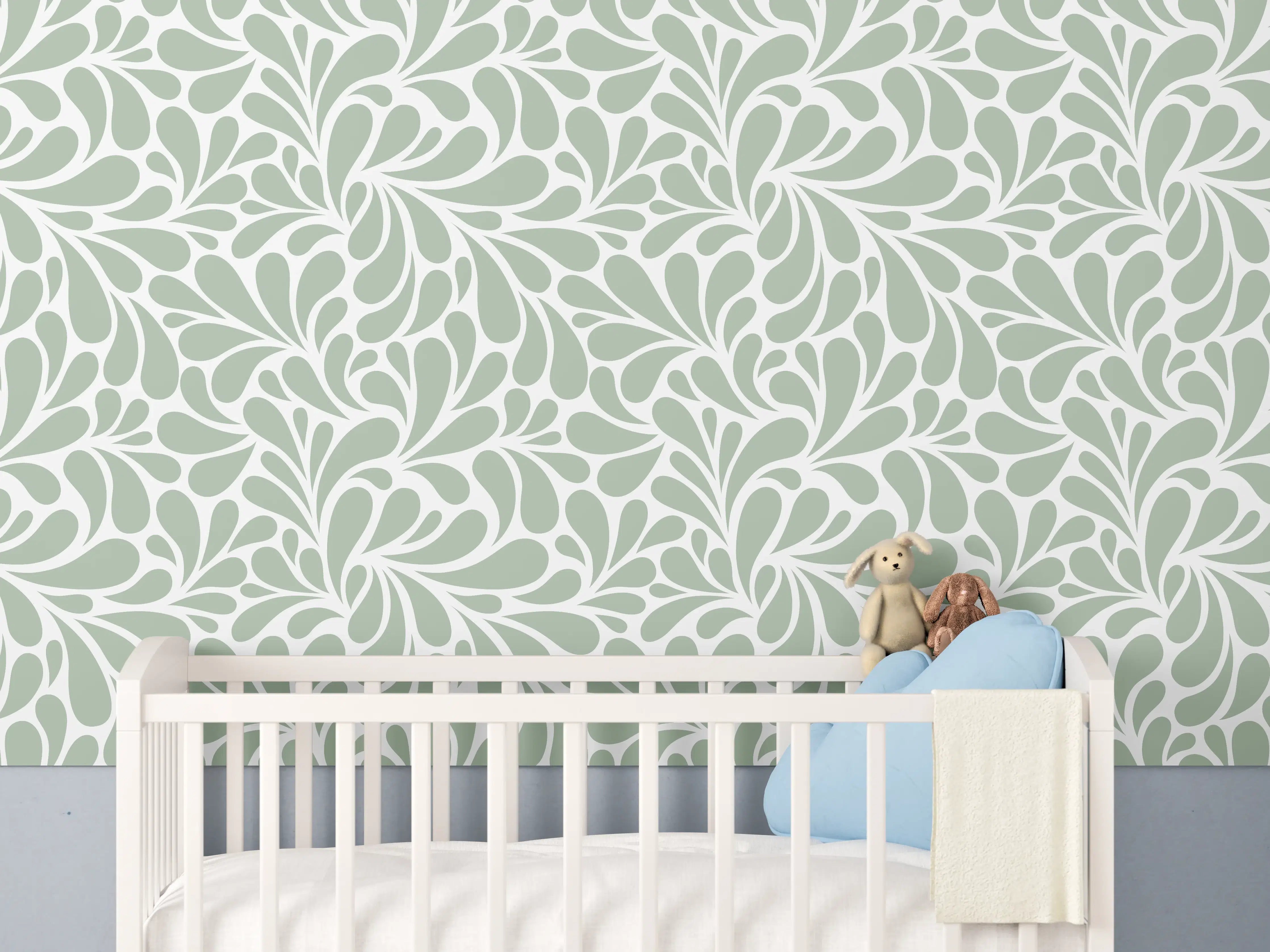 Babyzimmer Wandgestaltung - Sanfte Grüntöne mit floraler Musterung