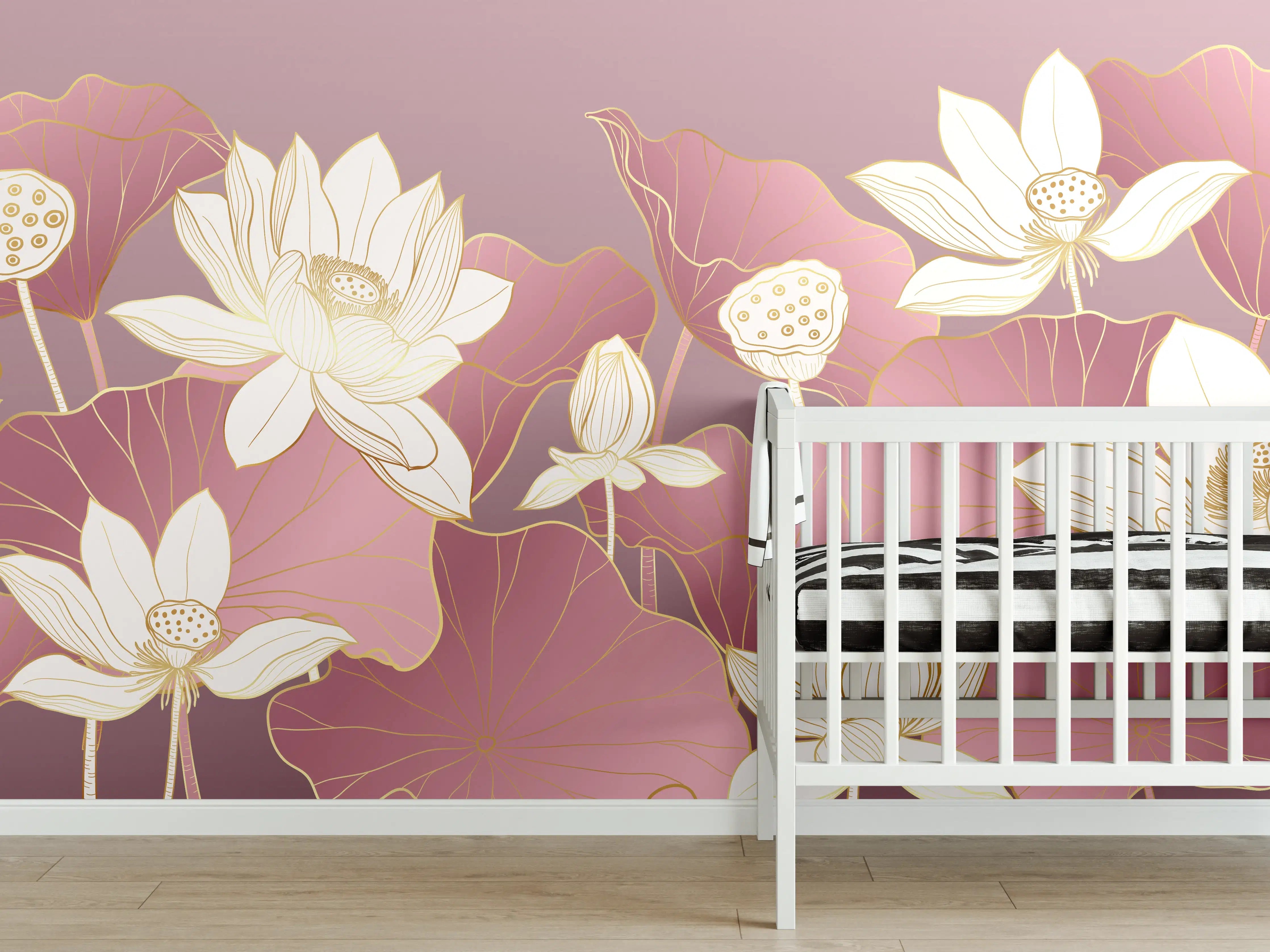 Babyzimmer Wandgestaltung - Sanfte Lotusblumen auf pinkem Hintergrund