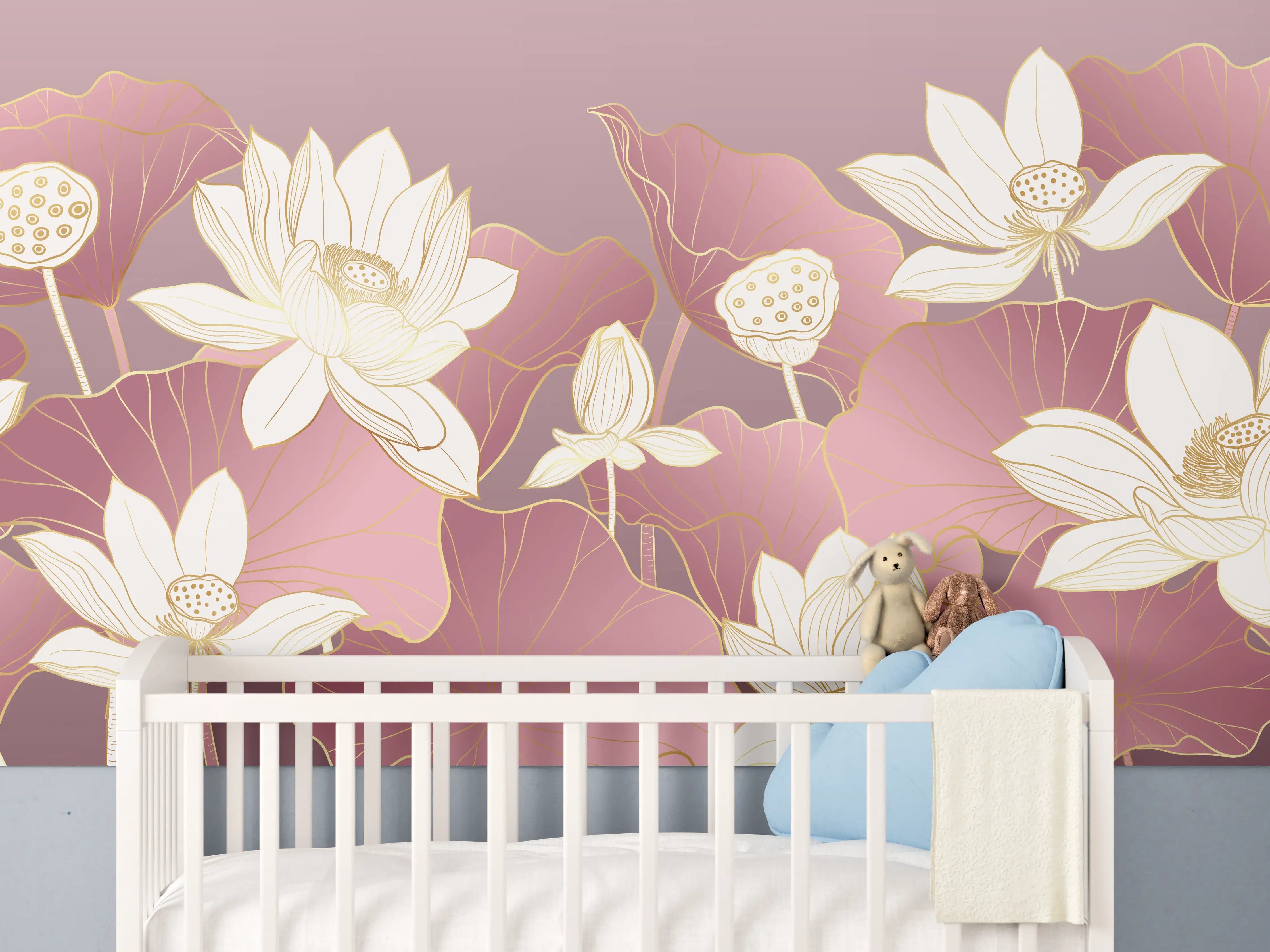 Babyzimmer Wandgestaltung - Sanfte Lotusblumen auf pinkem Hintergrund