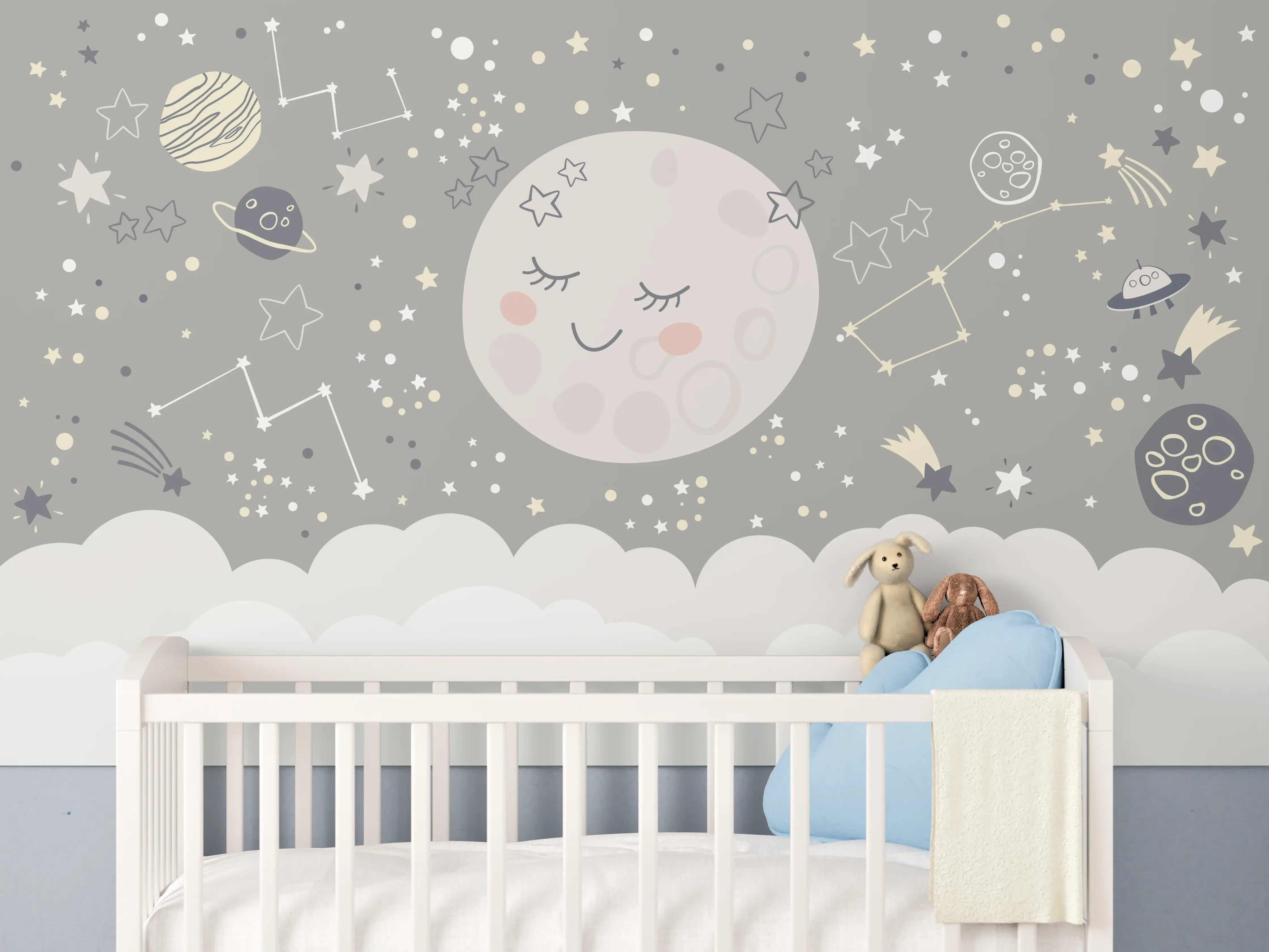 Babyzimmer Wandgestaltung - Sanfte Mondnacht mit Sternen und Planeten