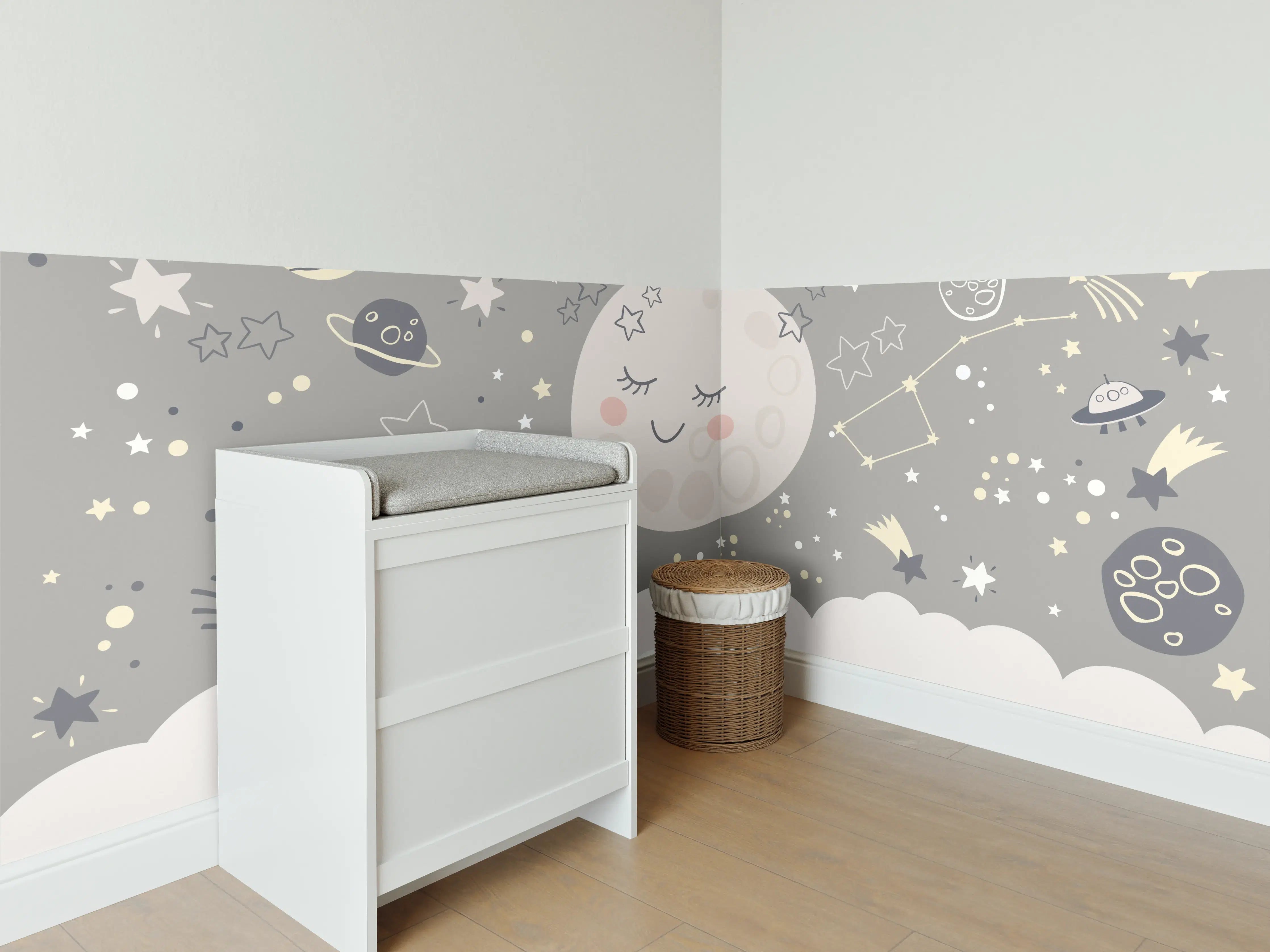 Babyzimmer Wandgestaltung - Sanfte Mondnacht mit Sternen und Planeten
