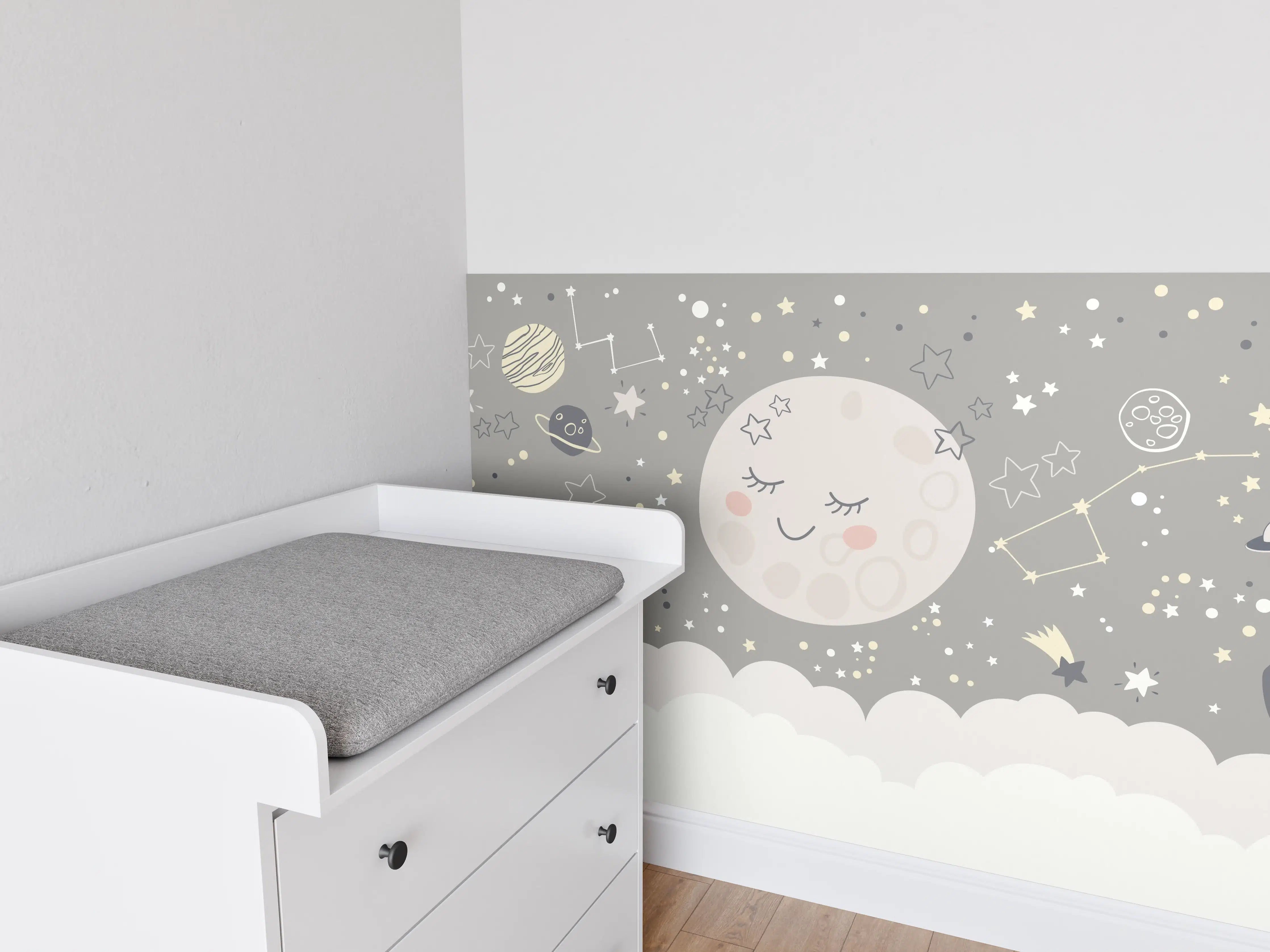 Babyzimmer Wandgestaltung - Sanfte Mondnacht mit Sternen und Planeten
