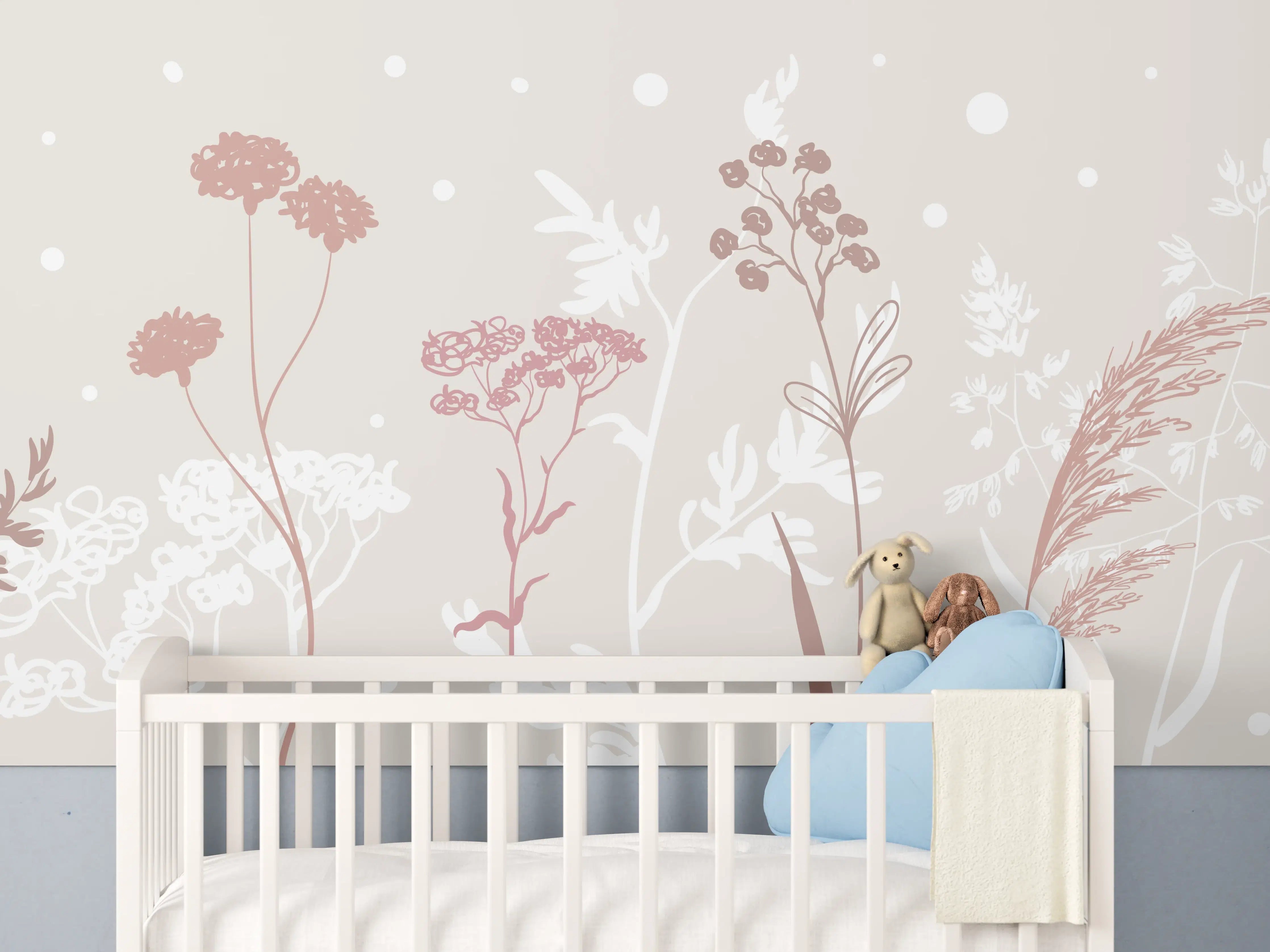 Babyzimmer Wandgestaltung - Sanfte Pastell-Blumen-Illustration